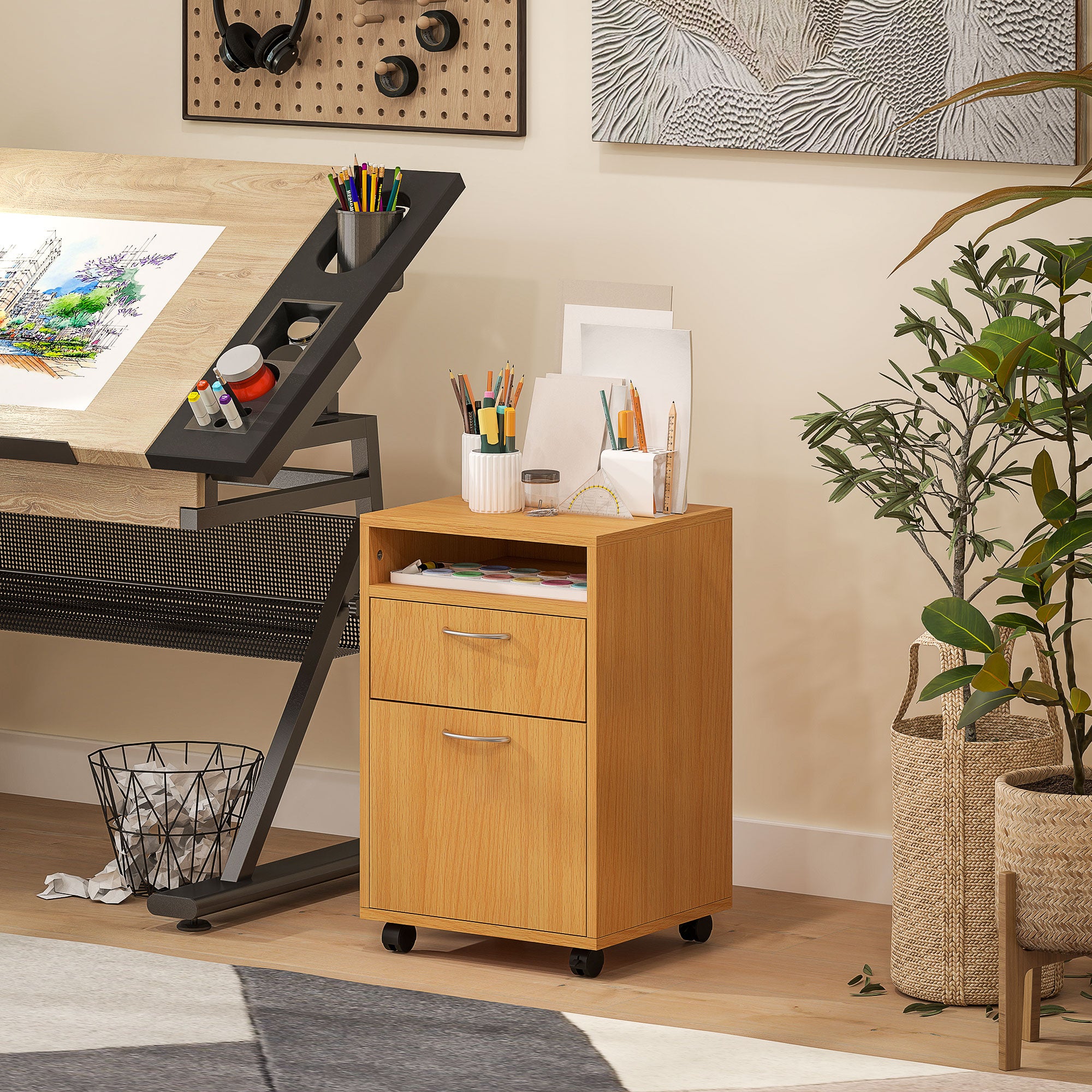 HOMCOM 60cm Filing Cabinet with Drawer, Open Shelf, Metal Handles and 4 Wheels, Office Home Organiser Mobile Printer, Natural Wood Finish - North Peak Garden Furniture