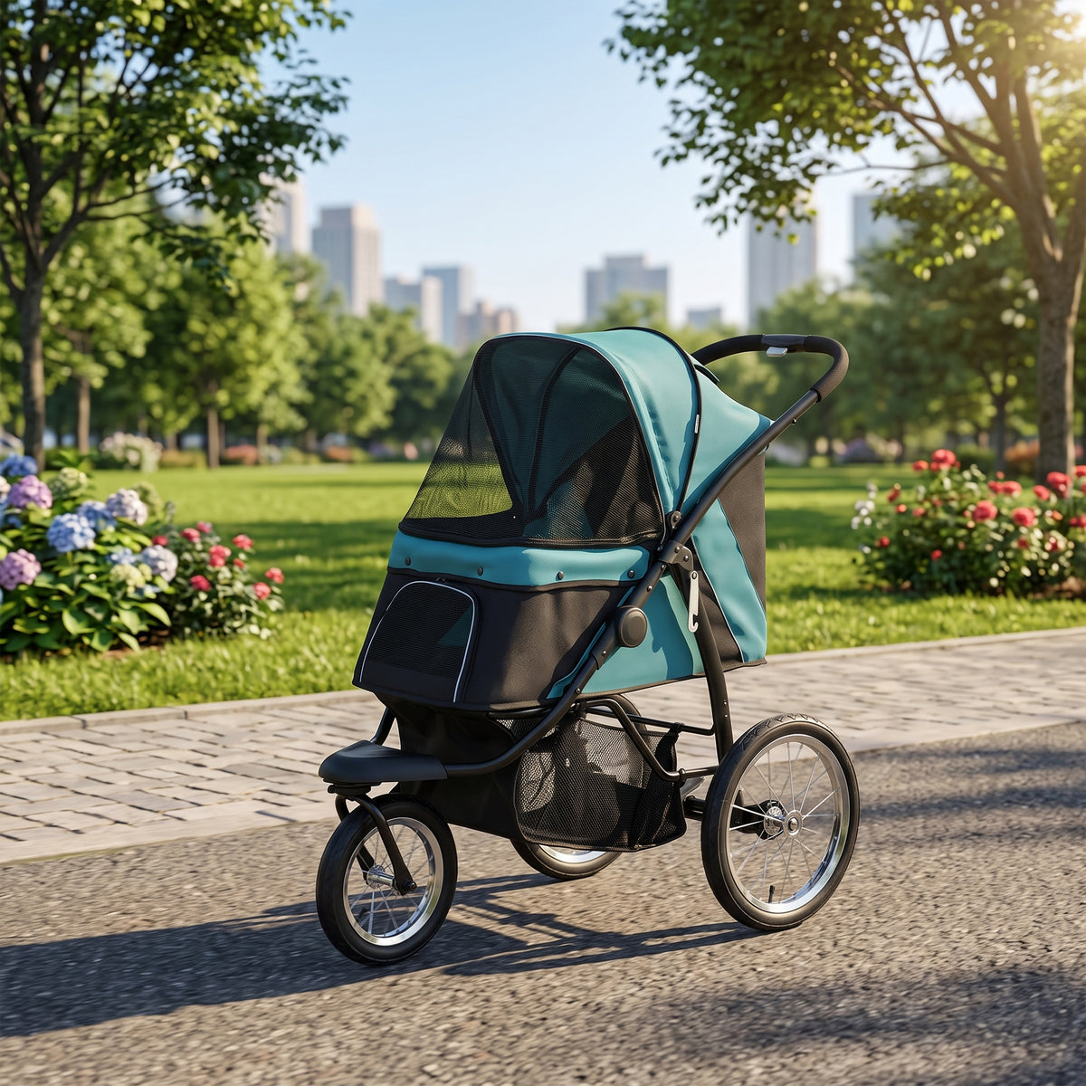 PawHut Foldable Pet Stroller Jogger, with Three Wheels, Canopy, for Medium and Small Dogs, Green