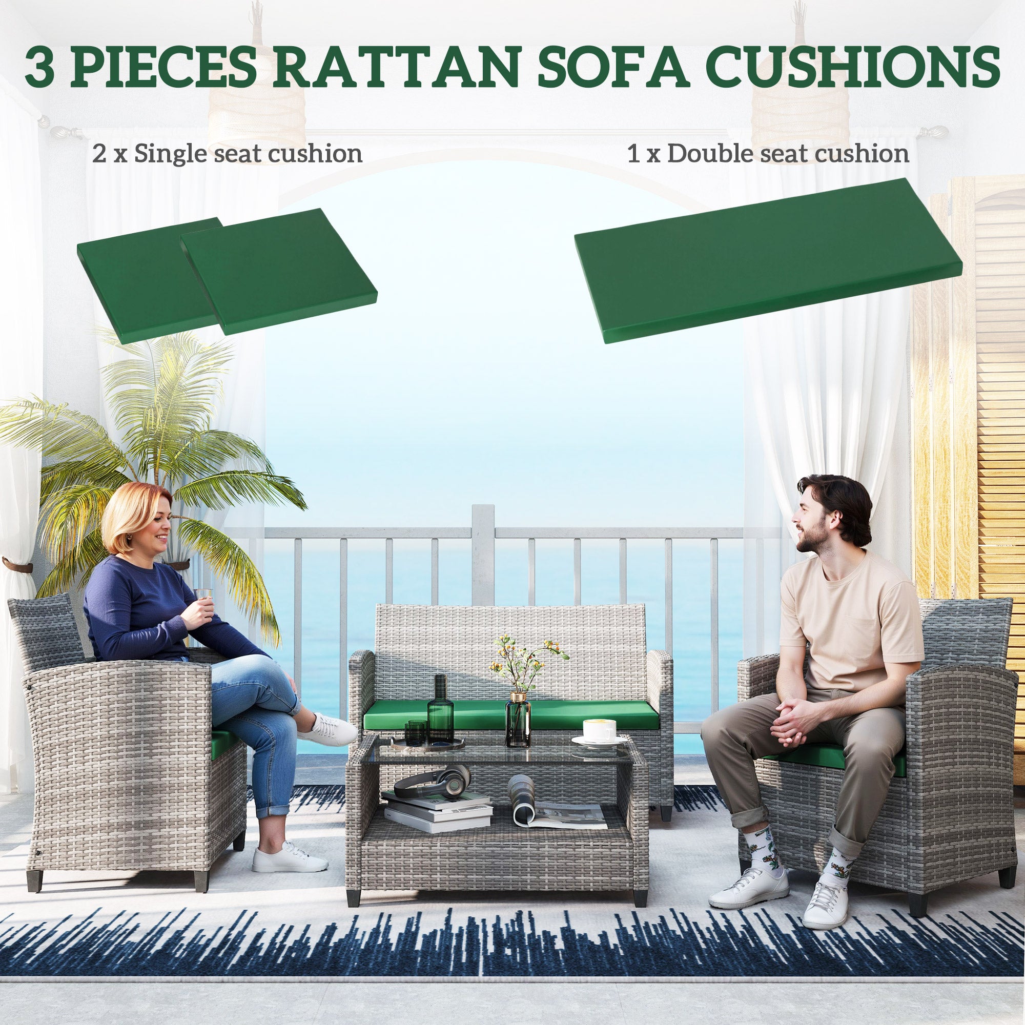 Outsunny Outdoor Seat Cushion Pads for Rattan Furniture, 3 PCs Garden Furniture Cushions, Green - North Peak Garden Furniture