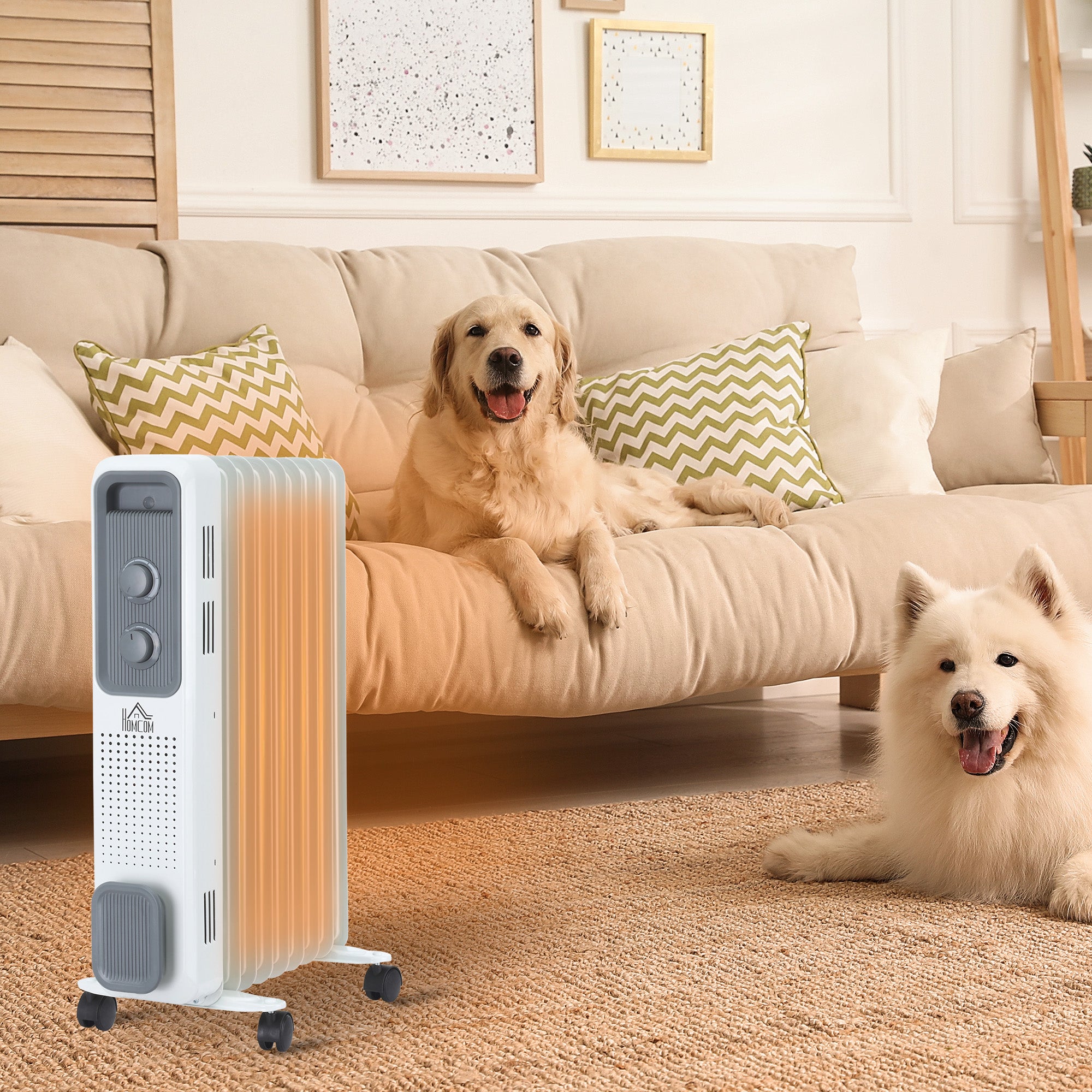 HOMCOM 2000W Oil Filled Radiator, 9 Fin, Portable Electric Heater with 3 Heat Settings, Safety Cut-Off and Wheels, White - North Peak Garden Furniture