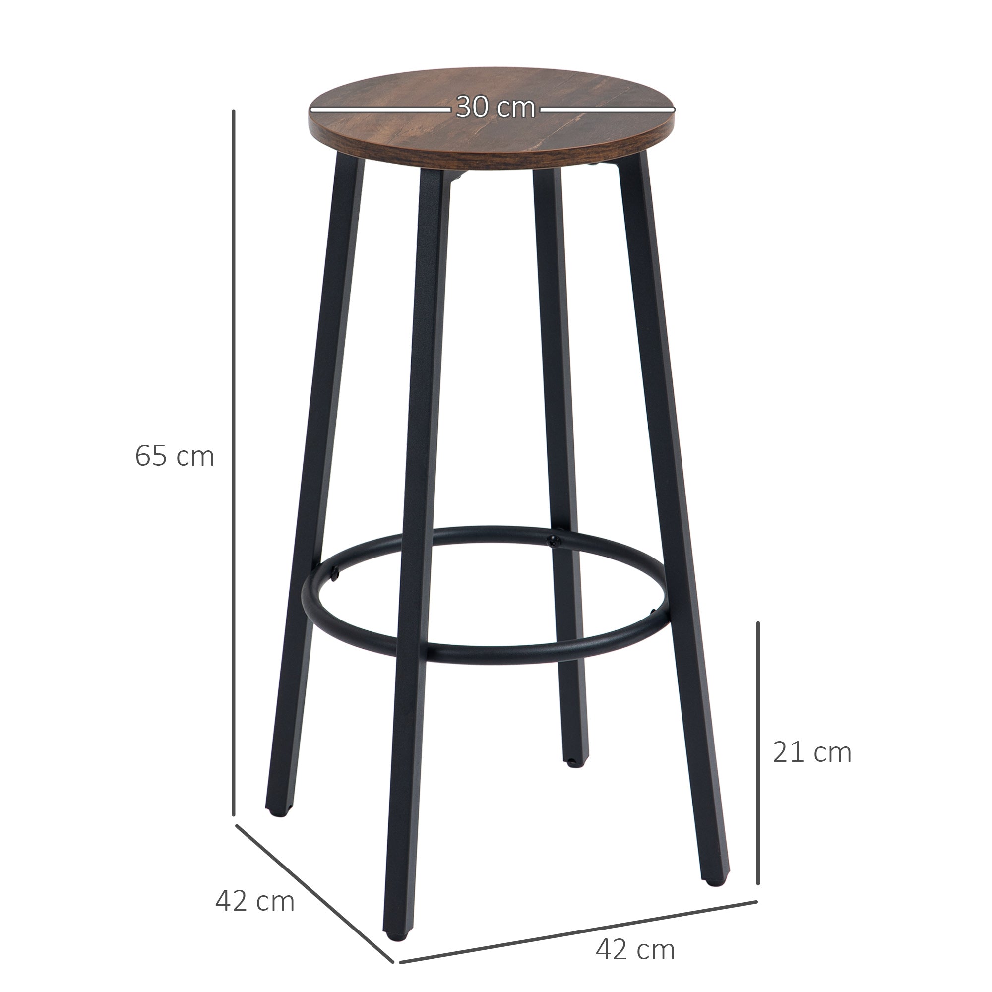HOMCOM Bar Stools, Set of 2 Kitchen Breakfast Stools with Sturdy Steel Frame, Industrial Tall Bar Chairs, 65cm High Seat, Rustic Brown - North Peak Garden Furniture