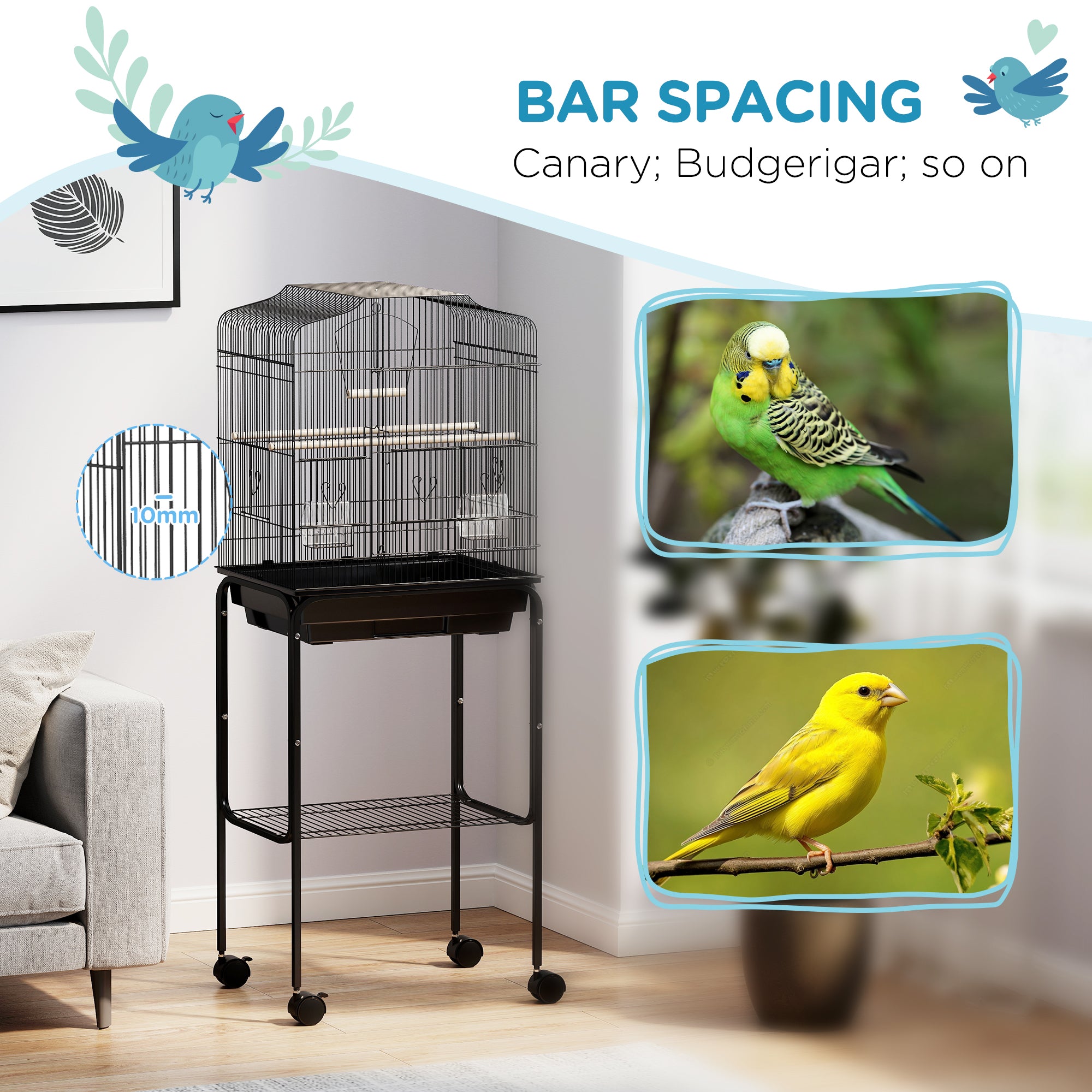 PawHut Bird Cage Budgie Cages for Finch Canary Parakeet with Stand Wheels Slide-out Tray Accessories Storage Shelf, Black