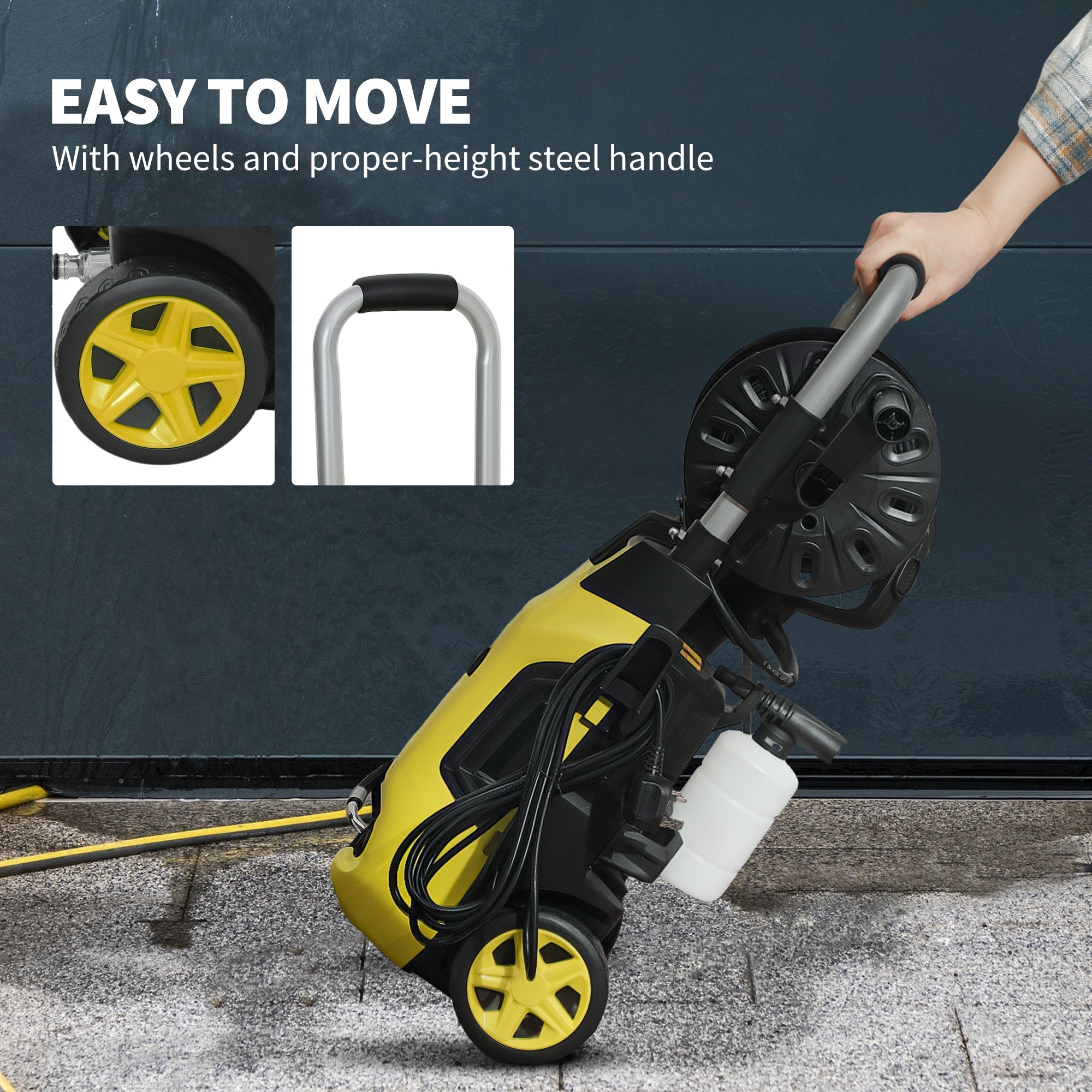 Outsunny 1800W High Pressure Washer, 150 Bar Pressure, 420 L/h Flow, Portable Power Washer Jet Wash Cleaner with Adjustable Nozzle, 6M Hose, Hose Reel, Steel Handle for Home Patio Car Driveway, Yellow - North Peak Garden Furniture