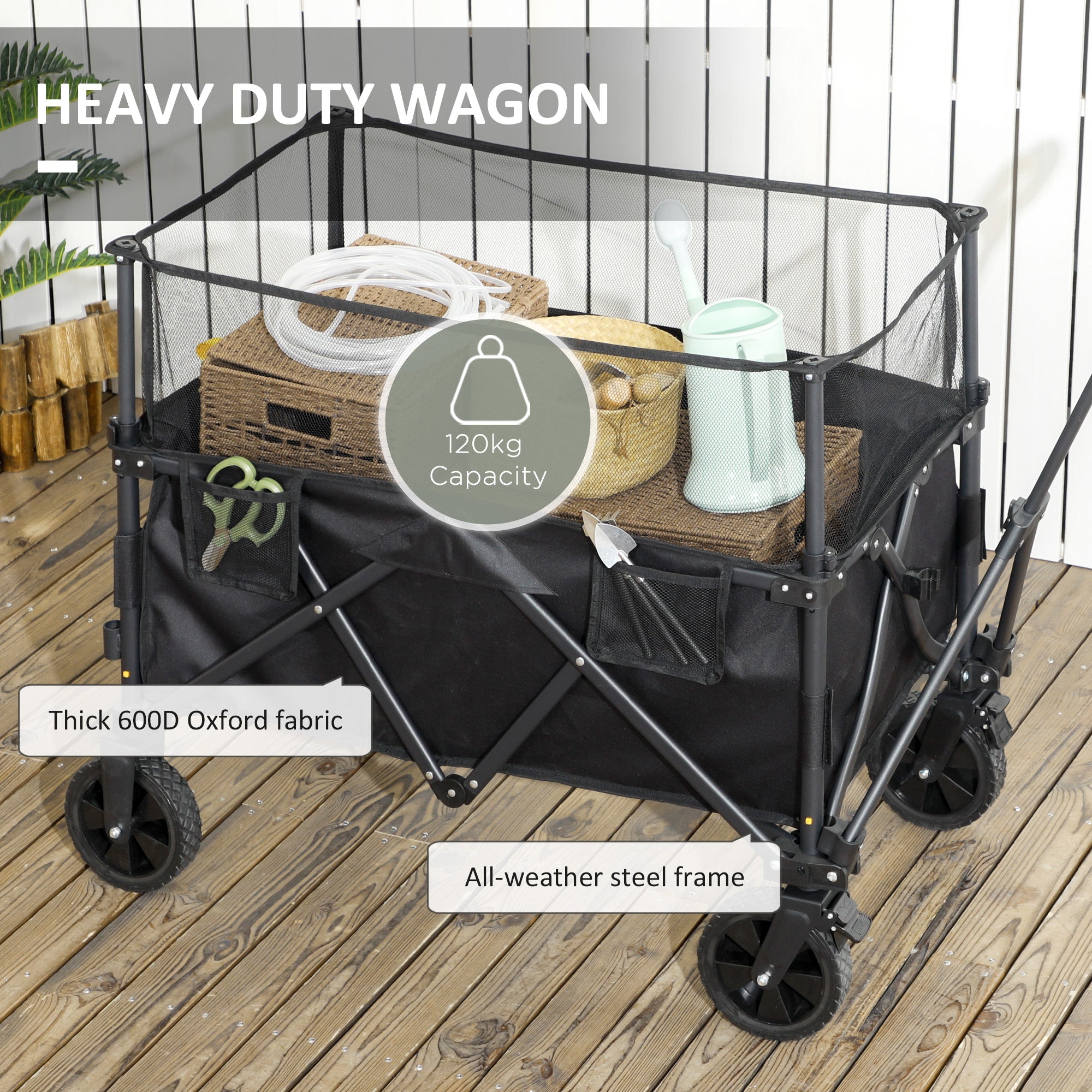 Outsunny Folding Garden Trolley, 180L Wagon Cart with Extendable Side Walls, for Beach, Camping, Festival, Black