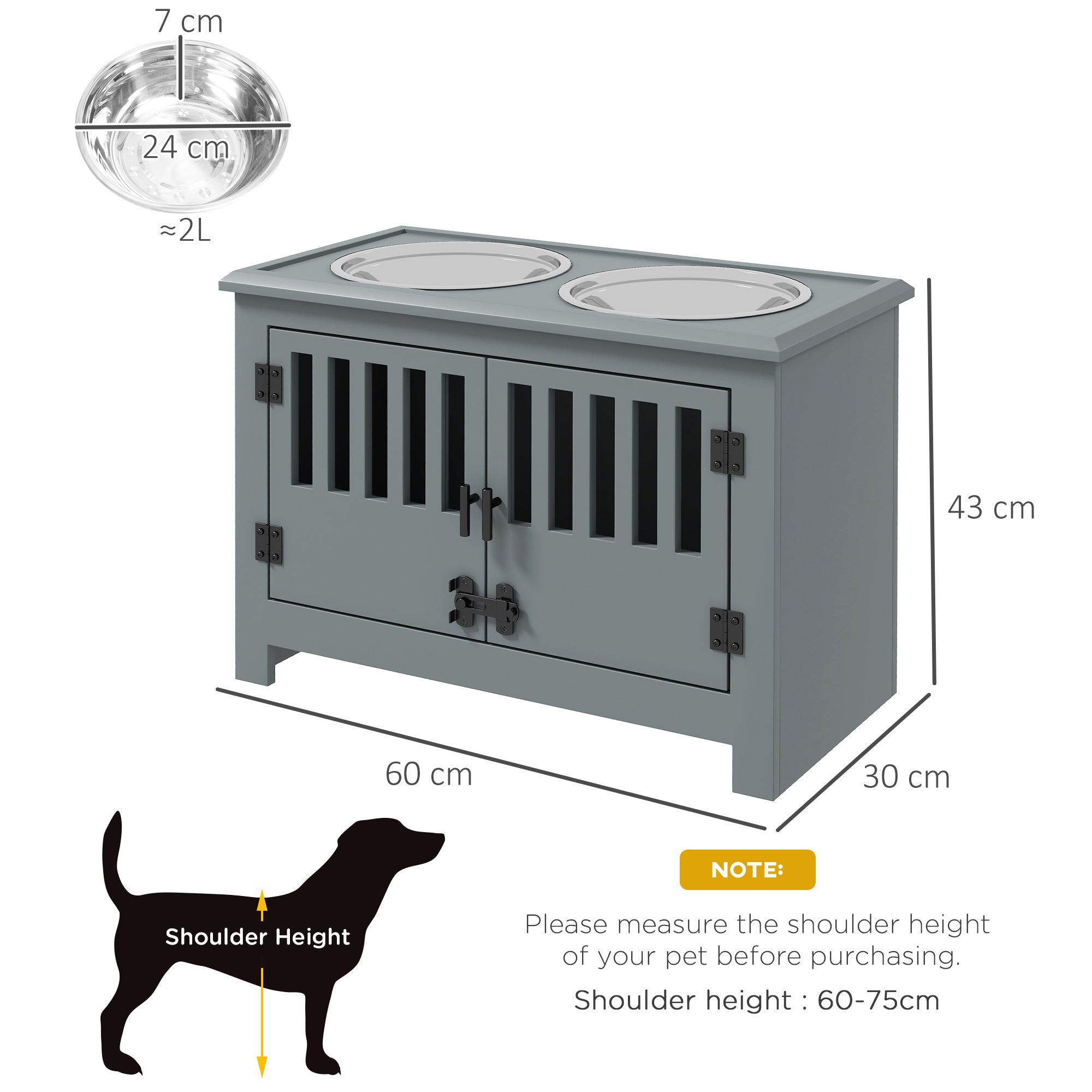 PawHut Raised Dog Bowls, Pet Feeding Station, with Storage, Food and Water Bowls, for Large Dogs - Grey