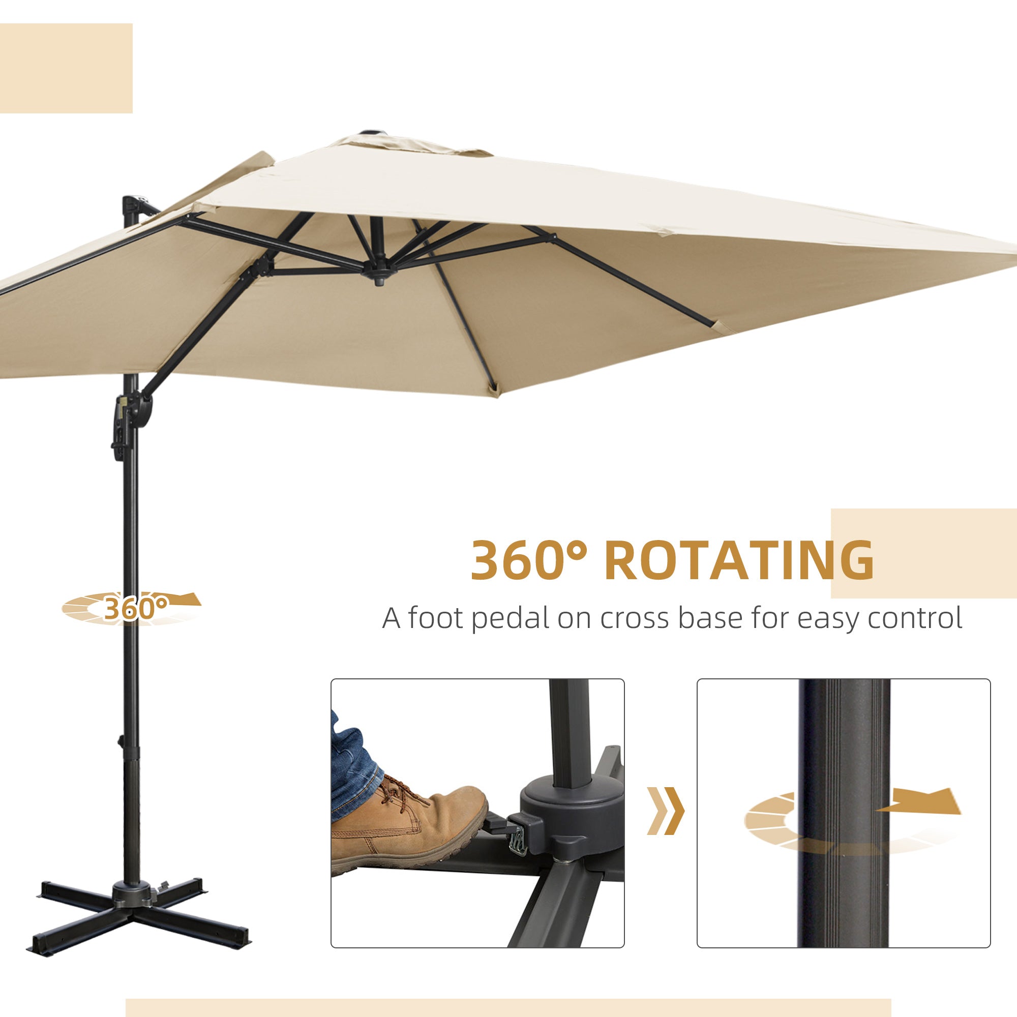 Outsunny 2.7 x 2.7 m Cantilever Parasol, Square Overhanging Umbrella with Cross Base, Crank Handle, Tilt, 360° Rotation and Aluminium Frame, Cream White