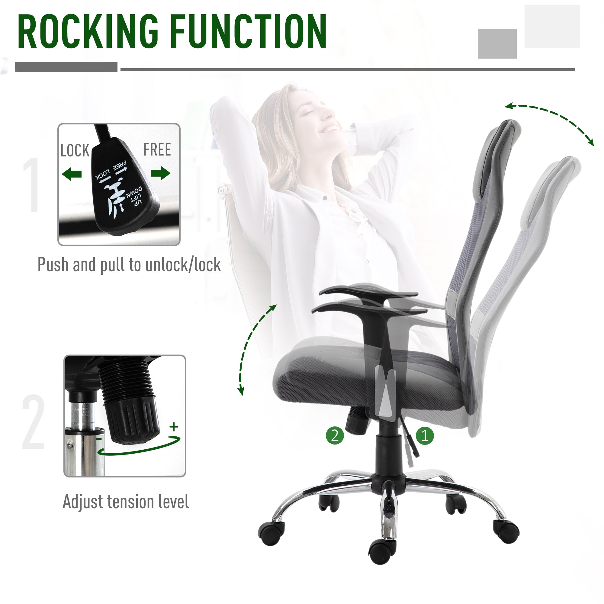 Vinsetto Office Chair, Computer Desk Chair, Mesh and PU Leather Swivel Chair with Adjustable Height and Rolling Wheels for Home Office Work Study, Grey - North Peak Garden Furniture
