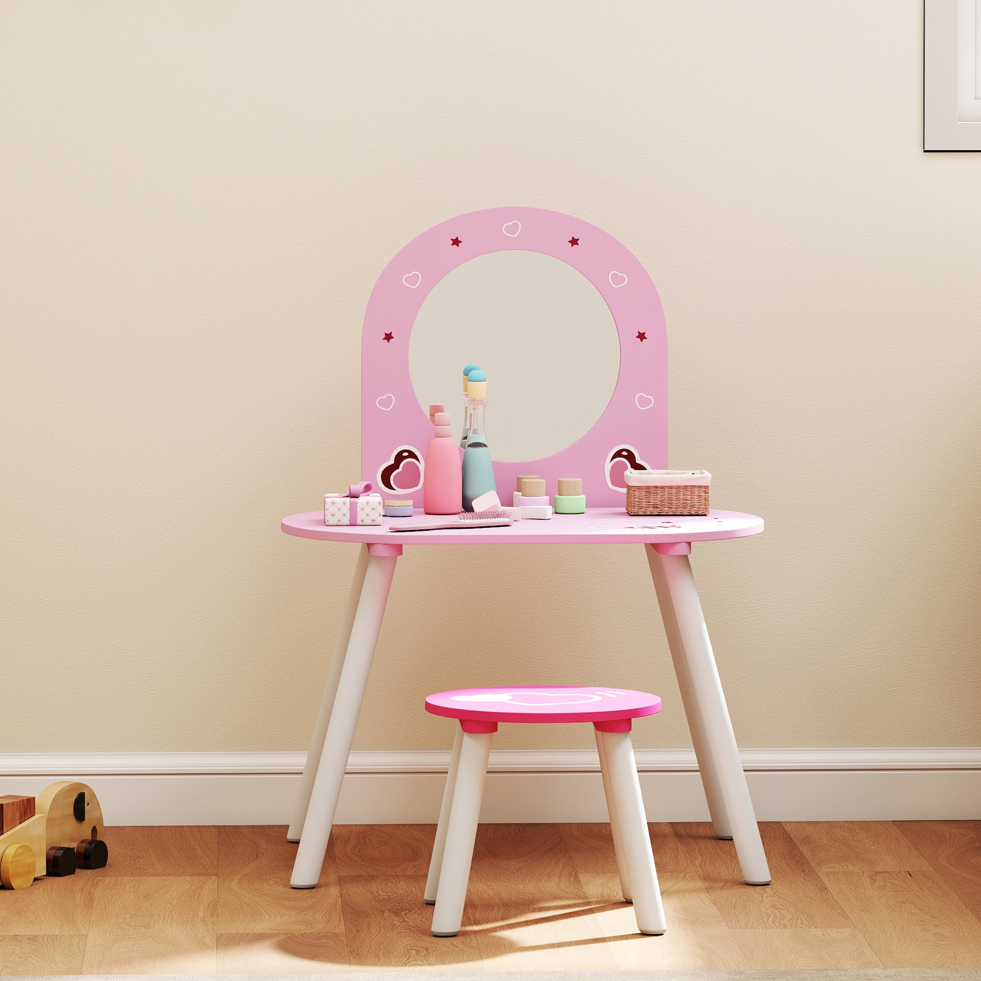 AIYAPLAY Kids Dressing Table with Mirror and Stool, Girls Vanity Set for Kids Room, Bedroom, Nursery, for Ages 3–6 Years, Pink