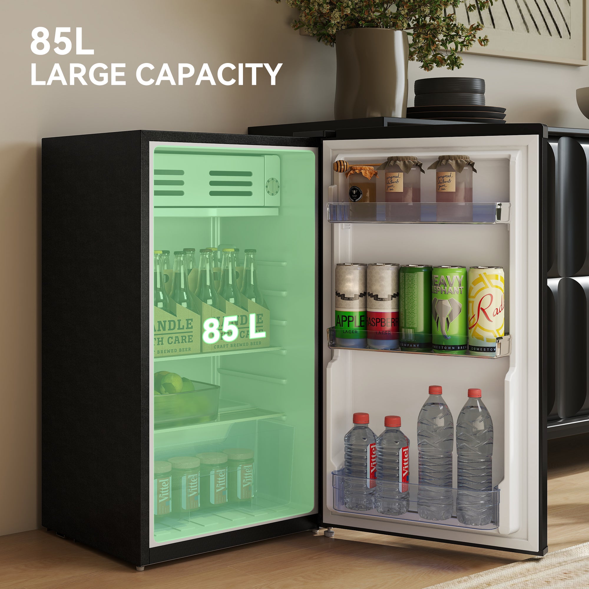 HOMCOM Under Counter Fridge, 85L Small Retro Refrigerator with Chiller Box, Adjustable Thermostat, Glass Shelves, Black - North Peak Garden Furniture