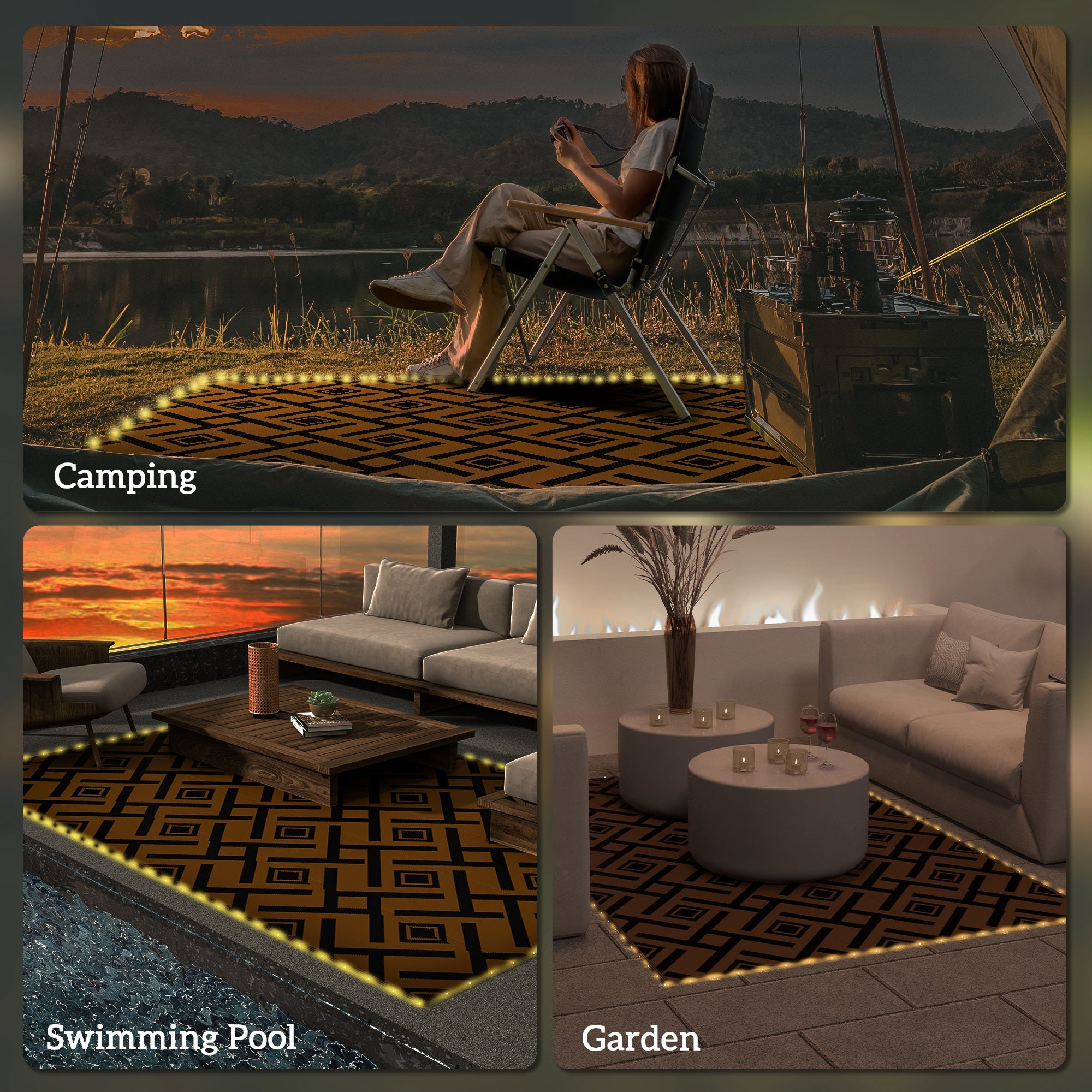 Outsunny Plastic Straw Reversible RV Outdoor Rug with LED String Light, 182 x 274cm, Brown and Black - North Peak Garden Furniture
