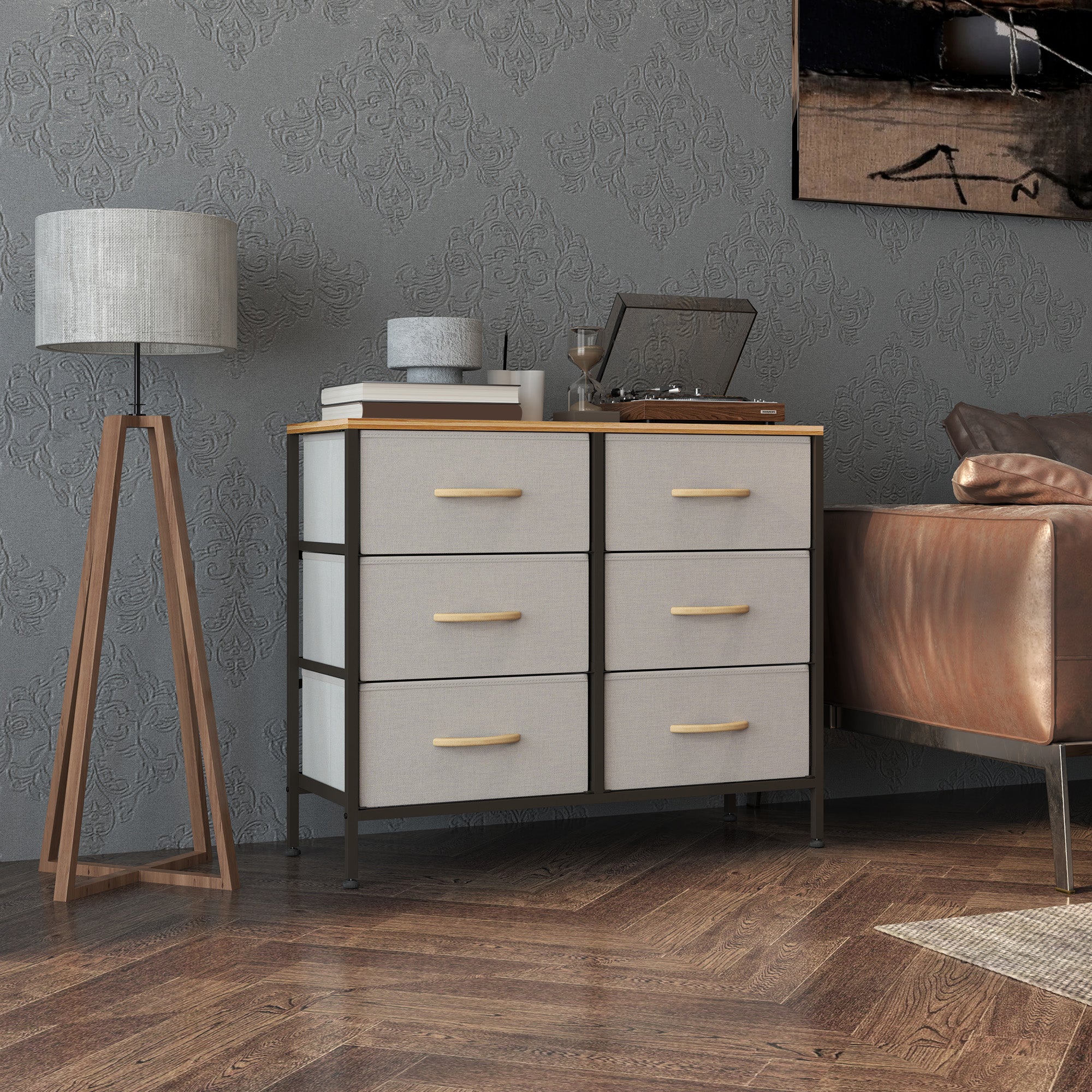 HOMCOM Fabric Chest of Drawers, Storage Drawers, Industrial Bedroom Dresser with 6 Fabric Drawers, Steel Frame and Wooden Top for Nursery, Living Room, Hallway, Cream White - North Peak Garden Furniture