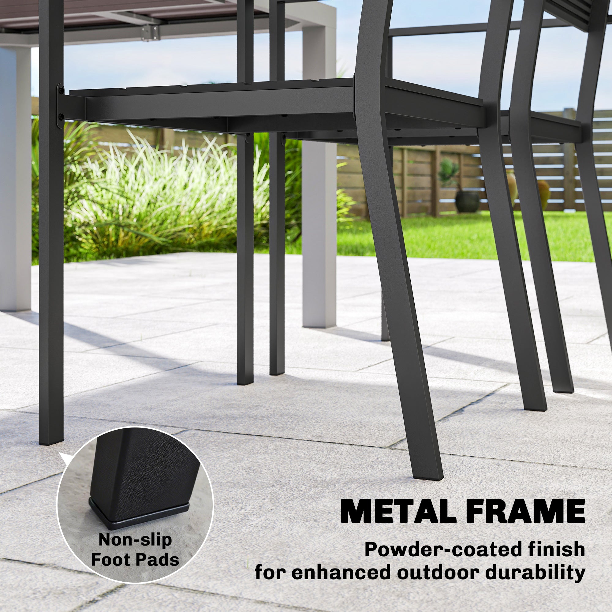 Outsunny Stackable Garden Chairs Set of 4, Garden Dining Chairs with Slatted HDPE Seat Back, Armrests, Metal Frame, Black