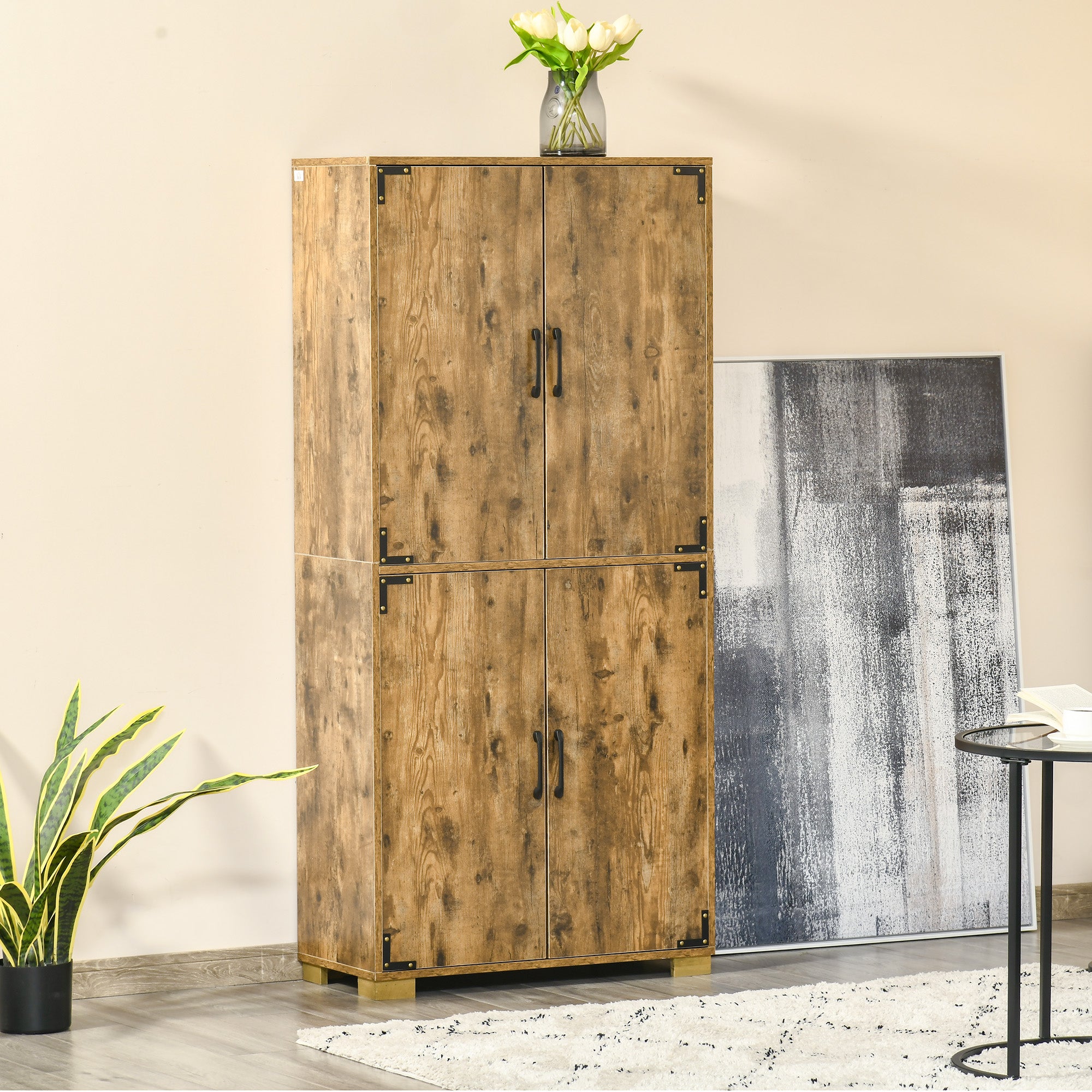 HOMCOM Farmhouse 4-Door Cabinet, Freestanding Tall Cupboard with Storage Shelves for Bedroom & Living Room, Rustic Wood Effect - North Peak Garden Furniture