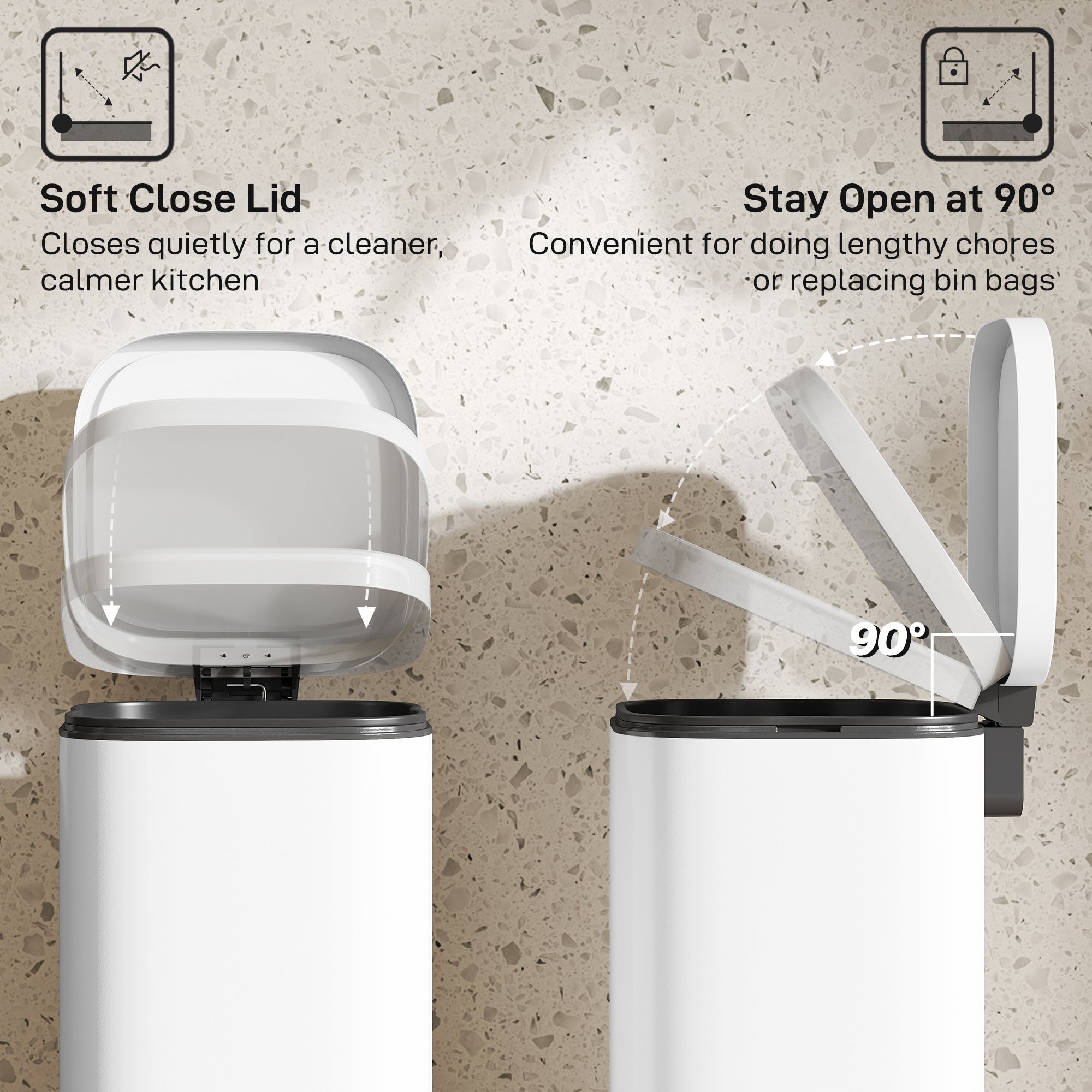 HOMCOM 30L Kitchen Bin, Compact Pedal Bin with Soft-Close and Stay-Open Lid, Removable Bucket for Kitchen, Home, Office, White