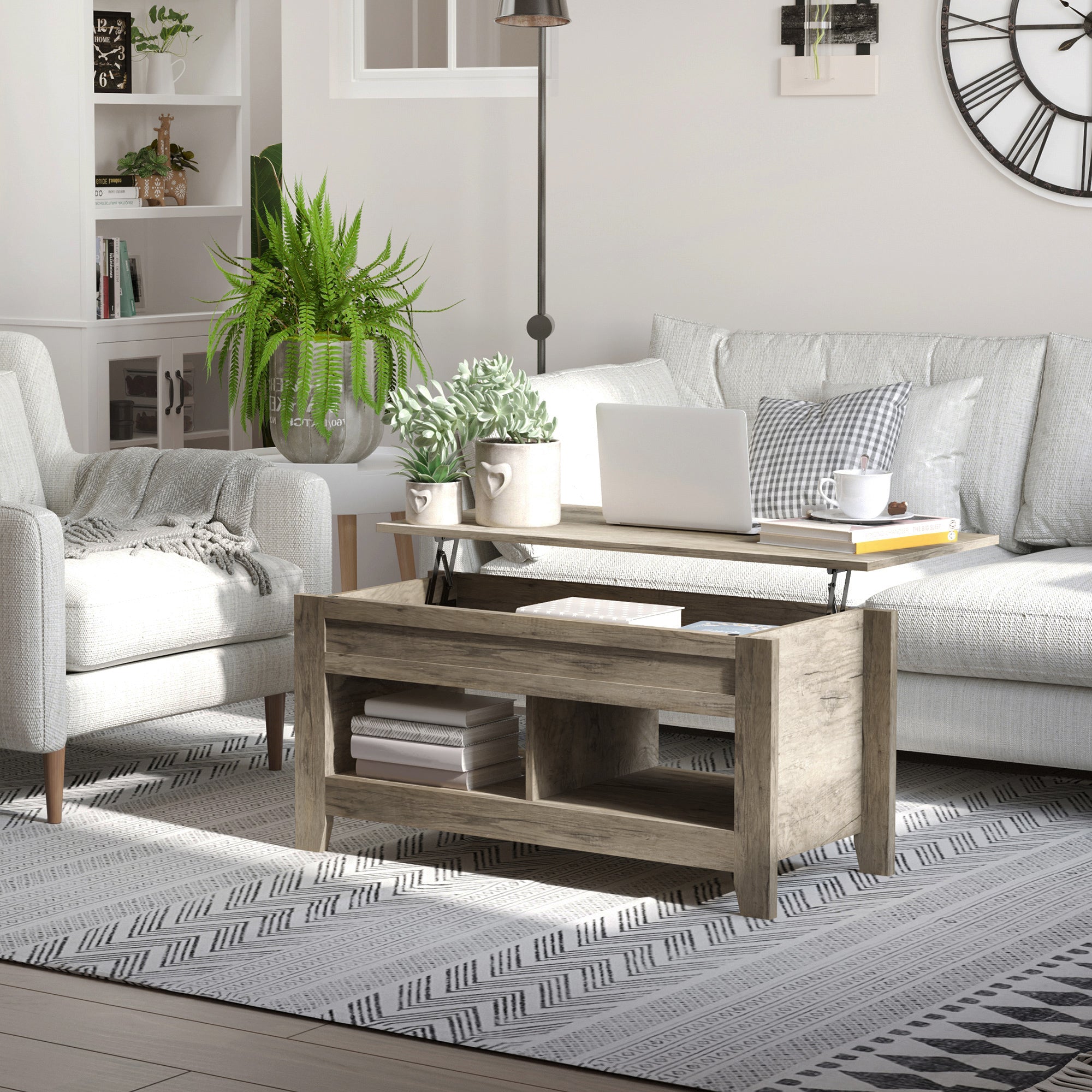 HOMCOM Lift Top Coffee Table w/ Hidden Storage Compartment Open Shelves Lift Tabletop Pop Up Centre Table for Living Room Oak Effect - North Peak Garden Furniture