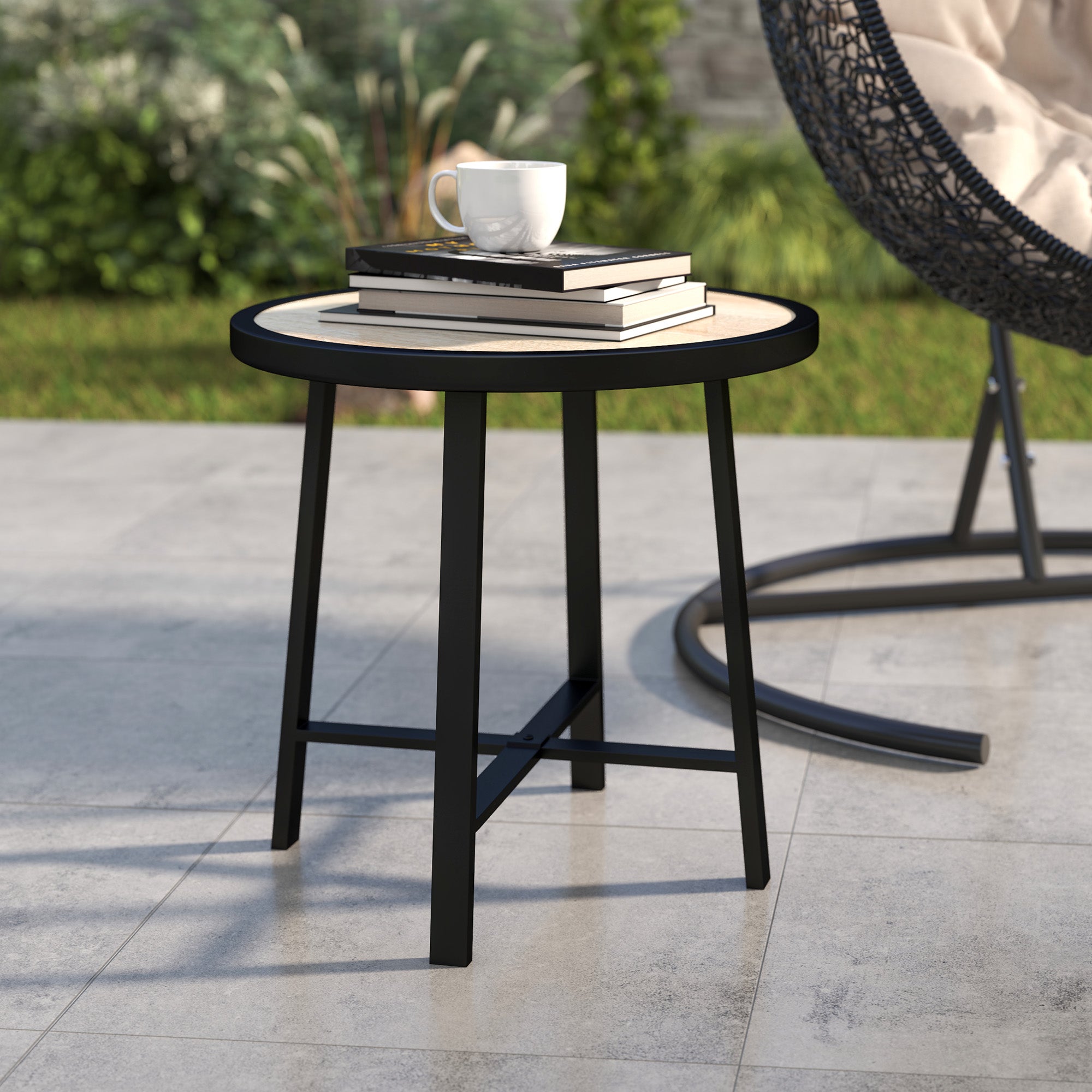 Outsunny Round Small Garden Table, 50.5cm Outdoor Side Table with SPC Tabletop, Metal Frame and Anti-slip Foot Pads for Garden, Balcony, Nature Wood Finish - North Peak Garden Furniture