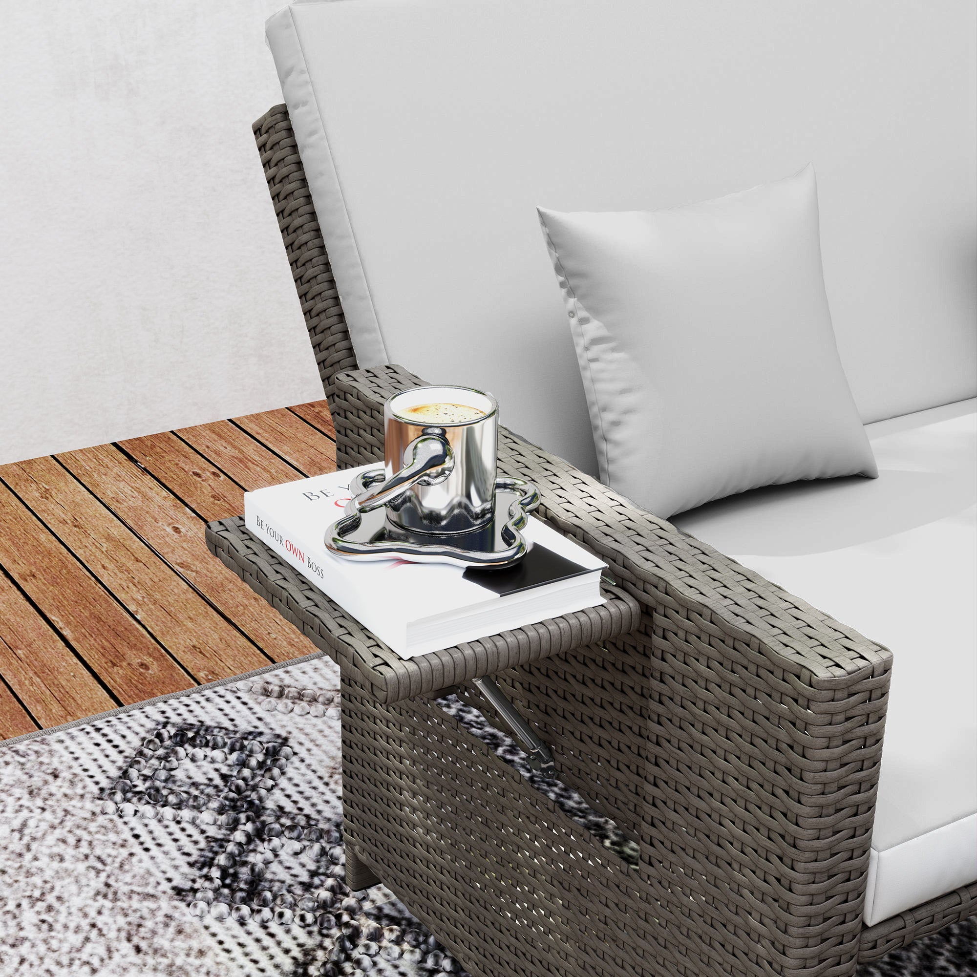 Outsunny Rattan Day Bed, with Footstool - Light Grey - North Peak Garden Furniture