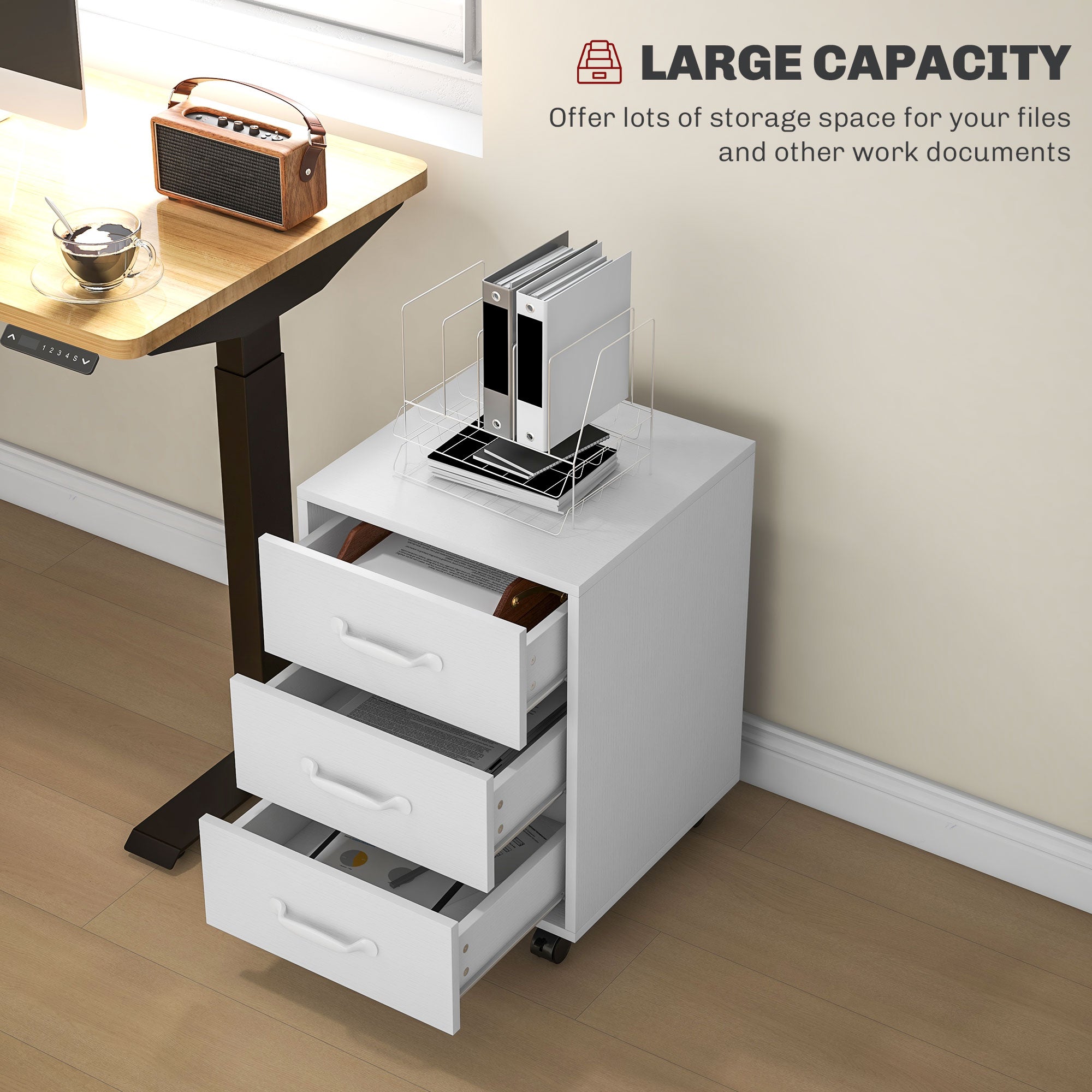 HOMCOM 3 Drawer File Cabinet, Mobile Filing Cabinet on Wheels for Home Office, Study, White - North Peak Garden Furniture