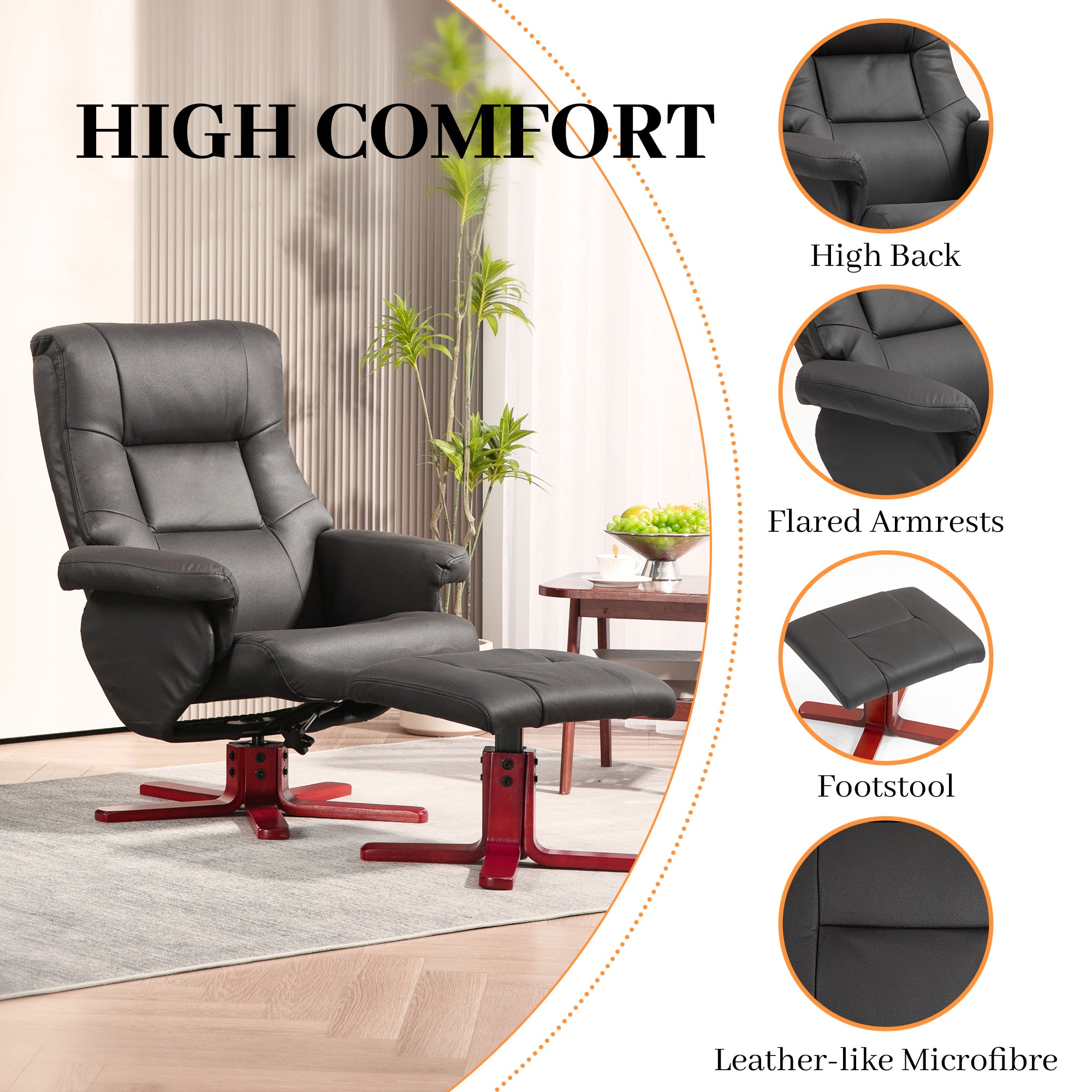 HOMCOM Faux Microfibre Leather Manual Recliner and Footstool Set - Black - North Peak Garden Furniture