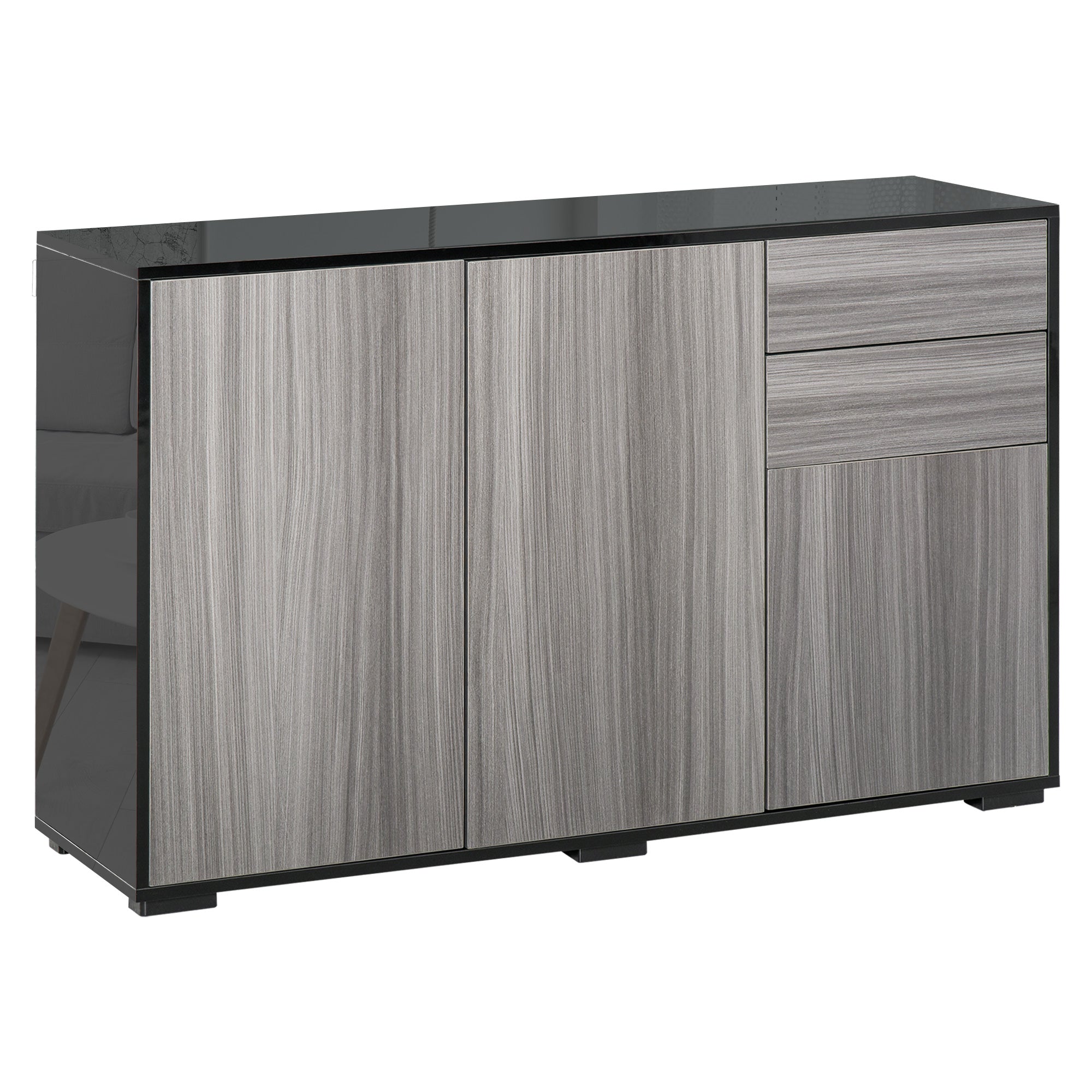 HOMCOM High Gloss Frame Sideboard, Side Cabinet, Push-Open Design with 2 Drawer for Living Room, Bedroom, Light Grey and Black - North Peak Garden Furniture