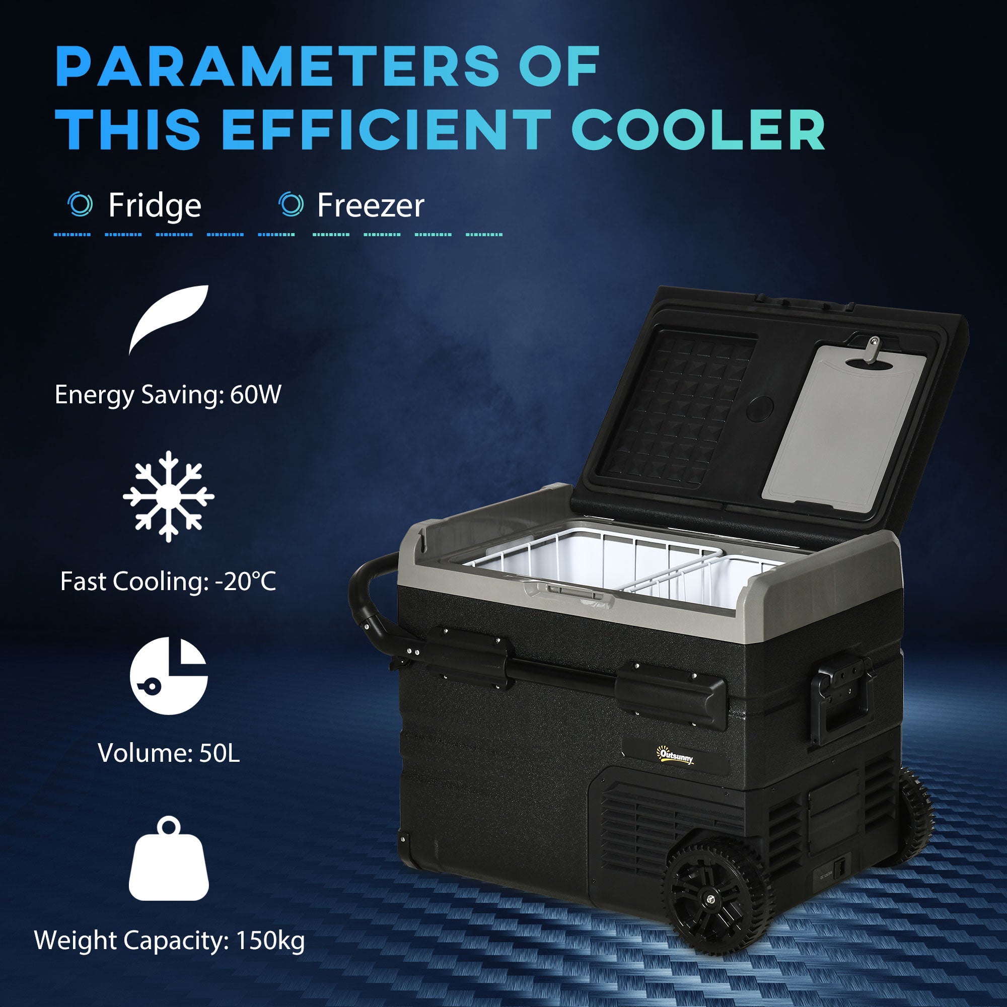 Outsunny 50L Car Refrigerator, Portable Compressor Cooler Box, Fridge Freezer w/ Inner LED Light, Foldable Handles, Cup Holders, 12/24V DC and 110-240V AC for Campervan RV Boat Travel Down to -20℃ - North Peak Garden Furniture