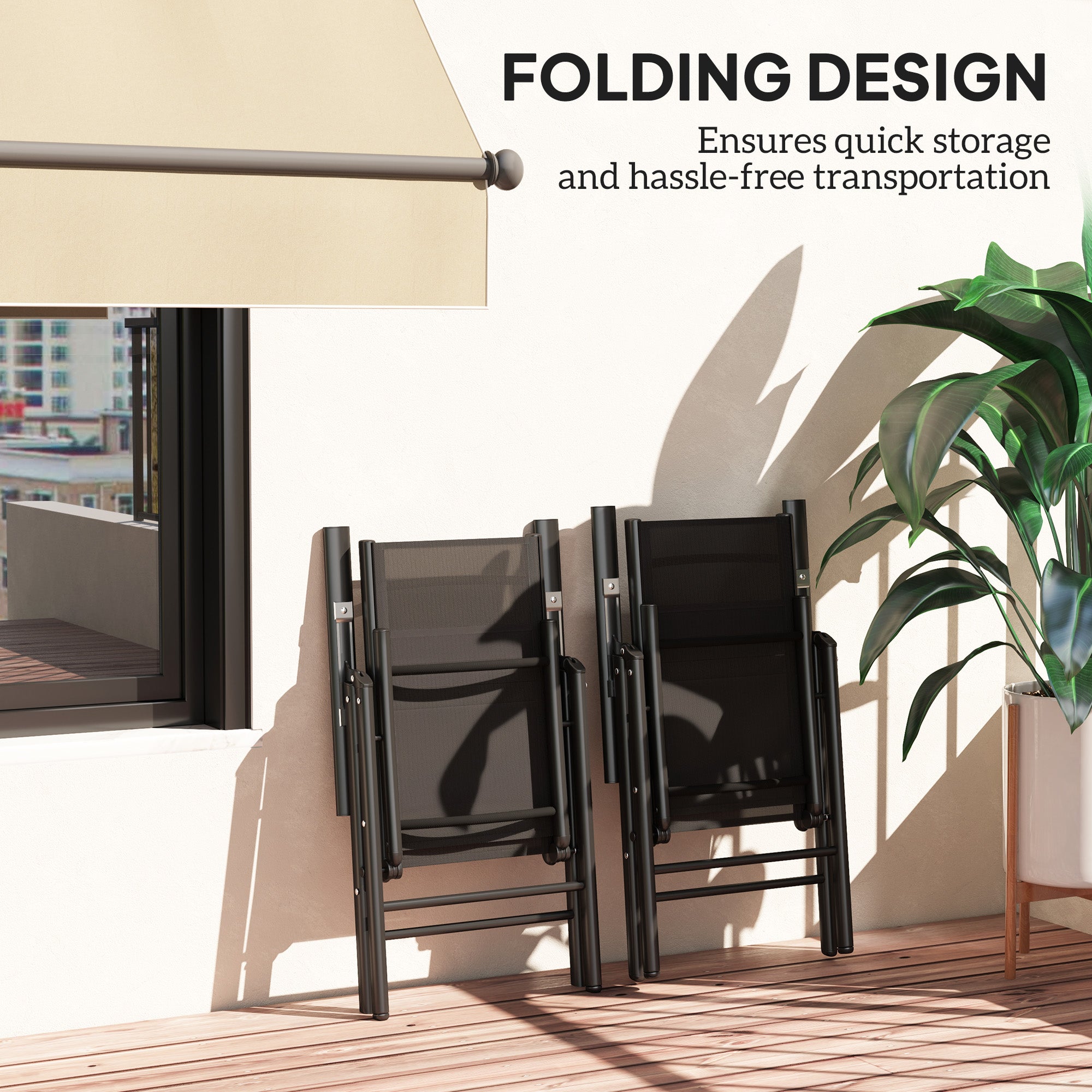 Outsunny Set of 2 Folding Chair, Aluminium Frame Outdoor Camping Chairs with Breathable Mesh Back and Seat, Garden Chair Set with Armrests for Balcony, Black - North Peak Garden Furniture