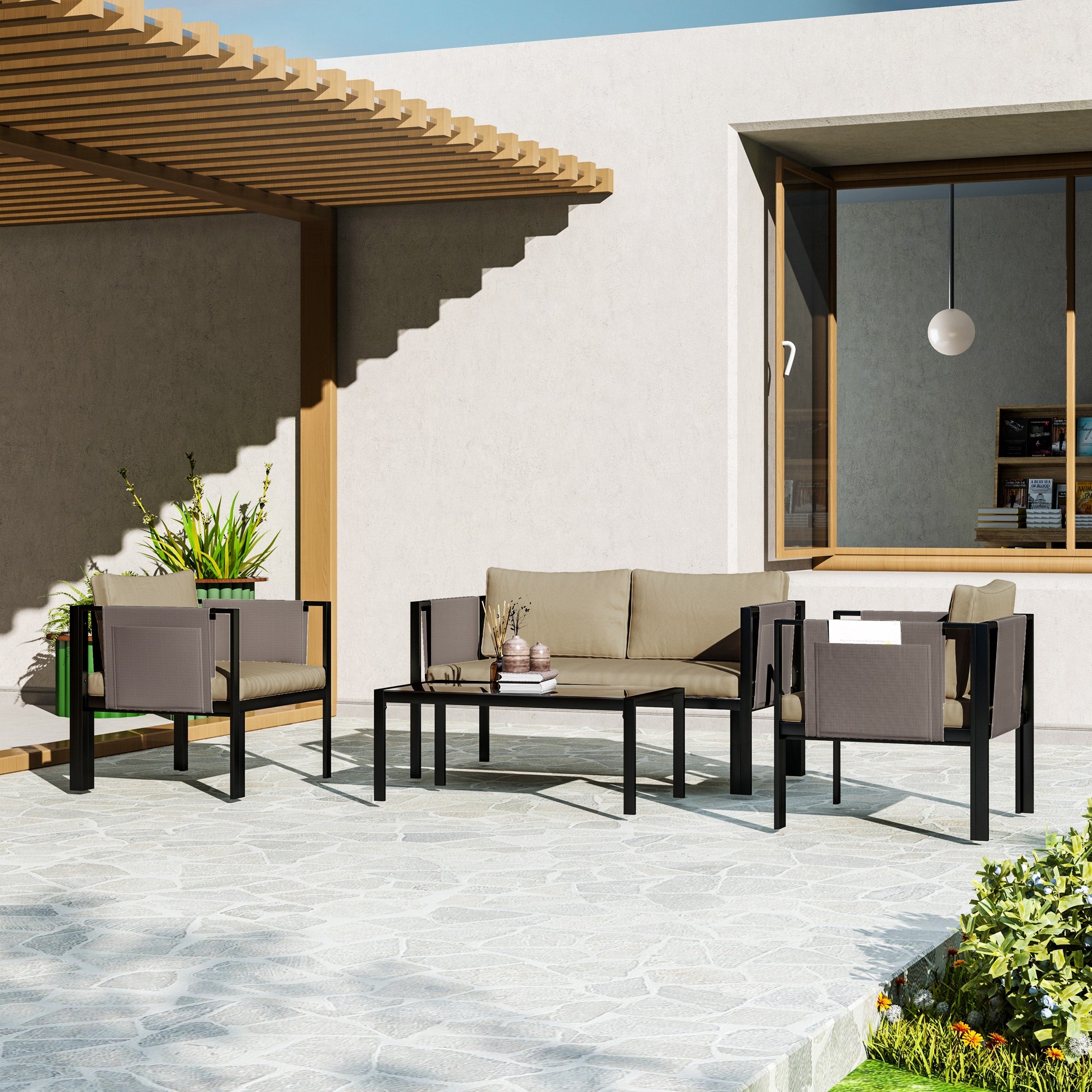 Outsunny 4 Piece Metal Garden Furniture Set with Tempered Glass Coffee Table, Texteline Pocket, Outdoor Set Loveseat Single Armchairs with Padded Cushions, Khaki - North Peak Garden Furniture