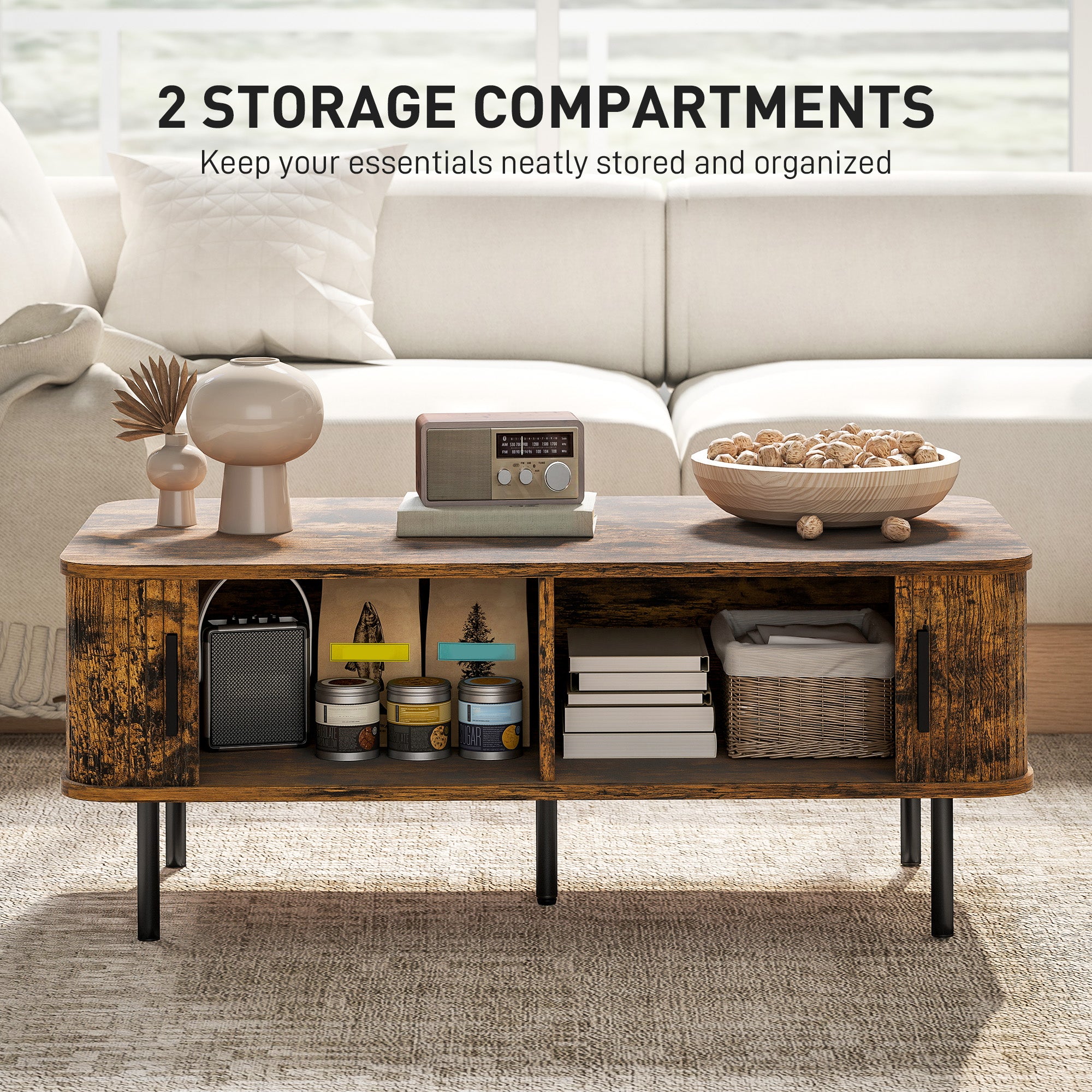 HOMCOM Coffee Table with Storage, Living Room Table with Slatted Tambour Sliding Doors and Foot Pads, Rectangular Coffee Table with Elevated Base for Living Room, Rustic Brown