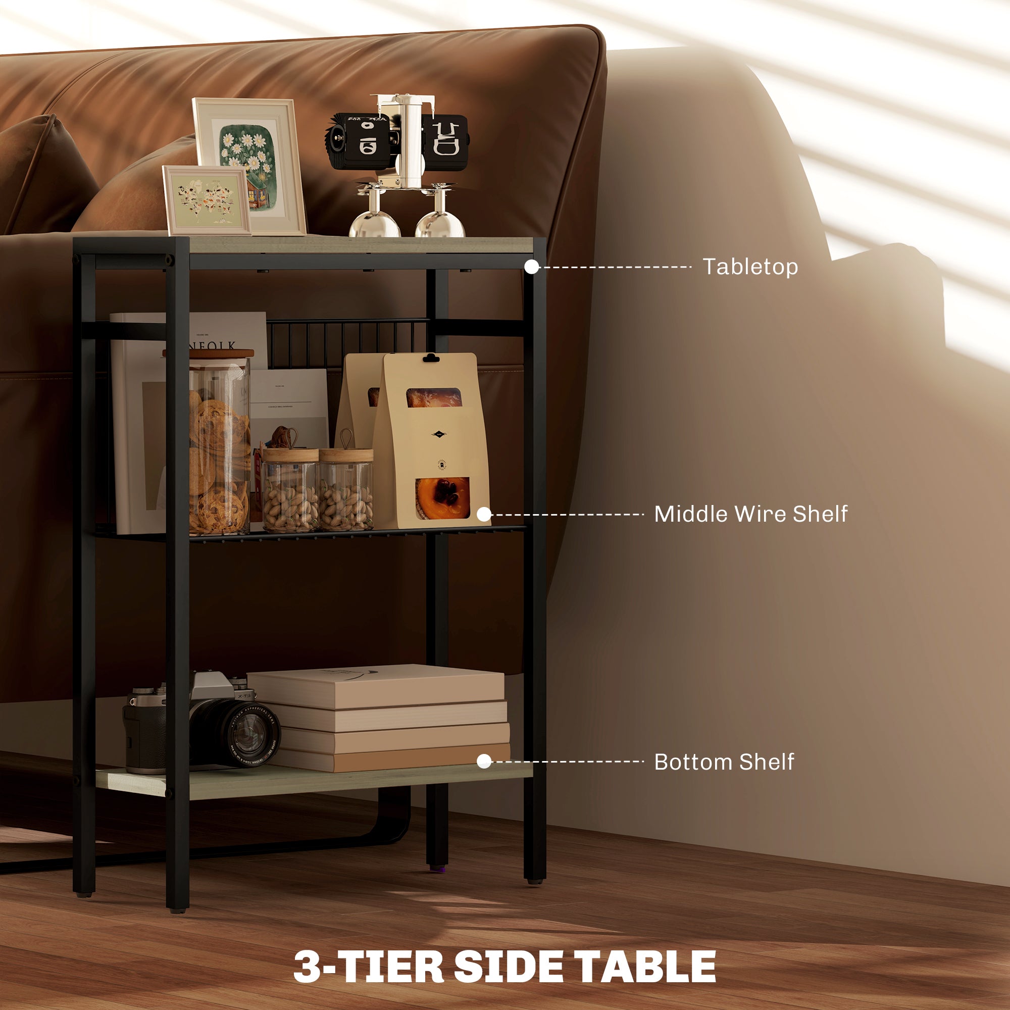 HOMCOM Three Shelf Industrial Side Table, Grey - North Peak Garden Furniture