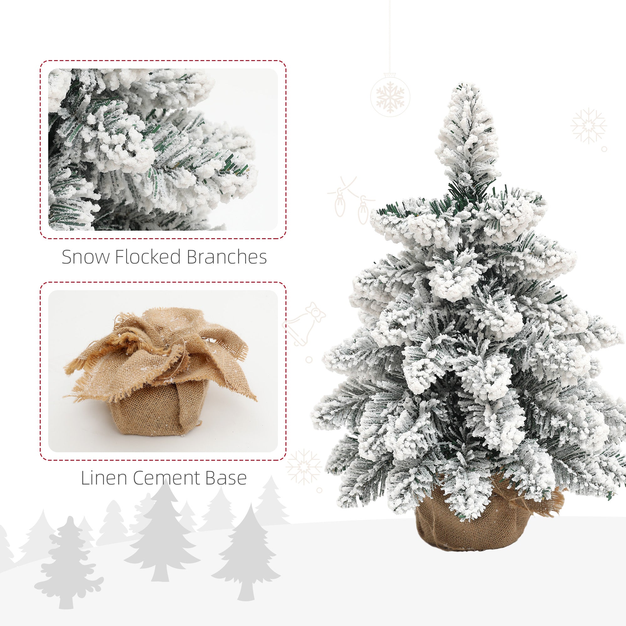 HOMCOM 1.5ft Mini Artificial Christmas Trees with Lights Set of 2, Snow Flocked Tabletop Christmas Trees with Base, Battery Operated, Desktop Party Decoration - North Peak Garden Furniture