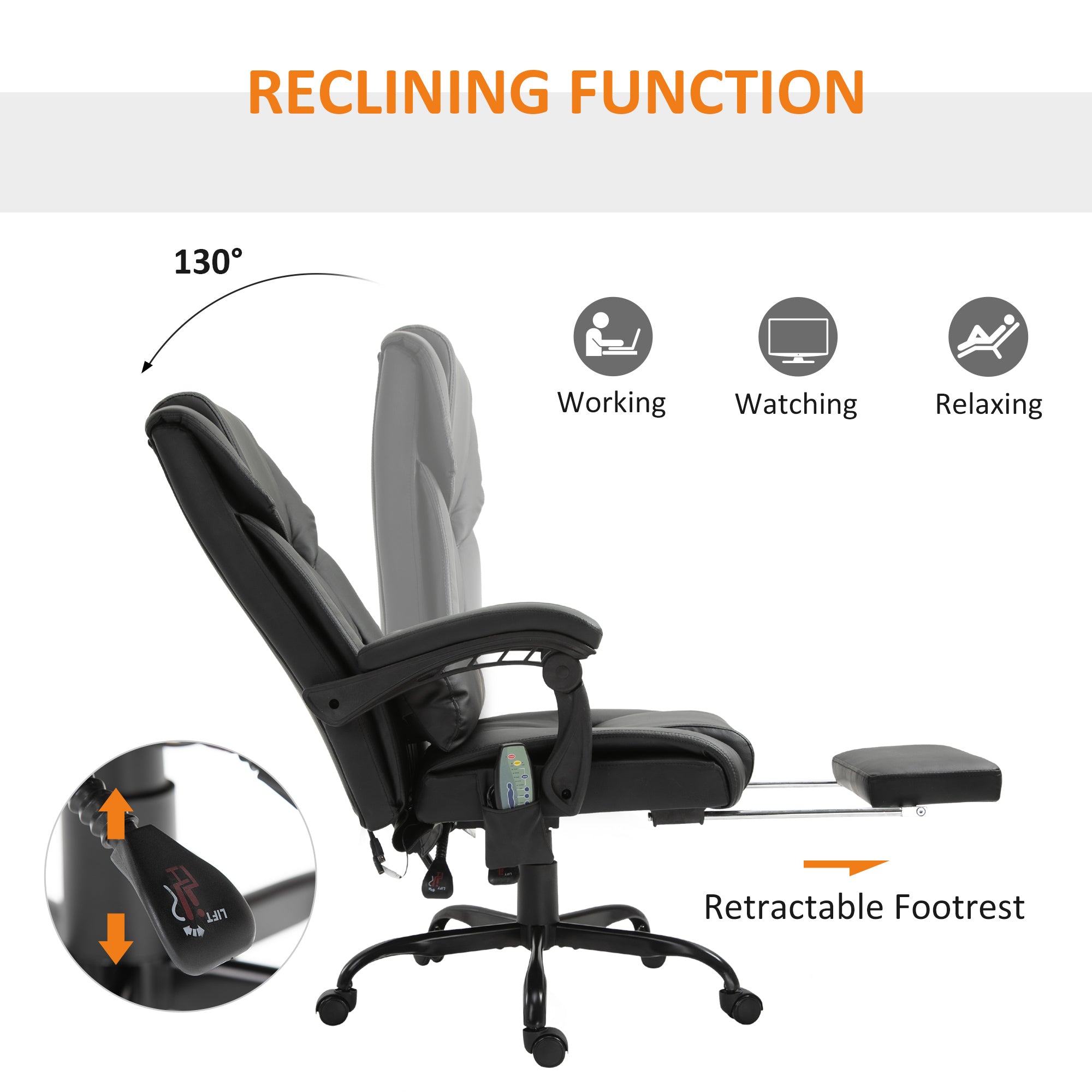 Vinsetto 6-Point Massage Office Chair, PU Leather Desk Chair with Adjustable Height and Footrest for Home Office, Black - North Peak Garden Furniture