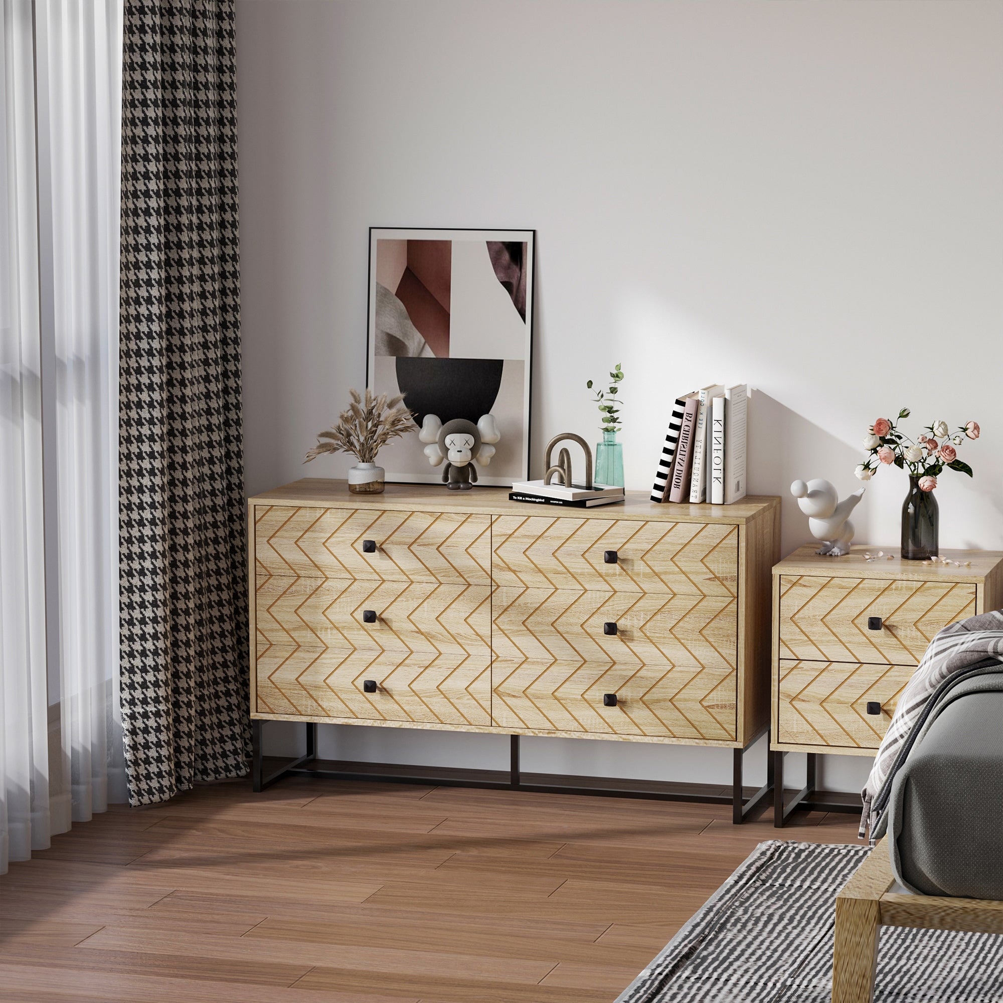 HOMCOM Bedroom Chest of Drawers, 6 Drawer Dresser, Sideboard Cabinet with Zigzag Design and Metal Base, Storage Drawer Unit, 120x71cm, Natural - North Peak Garden Furniture
