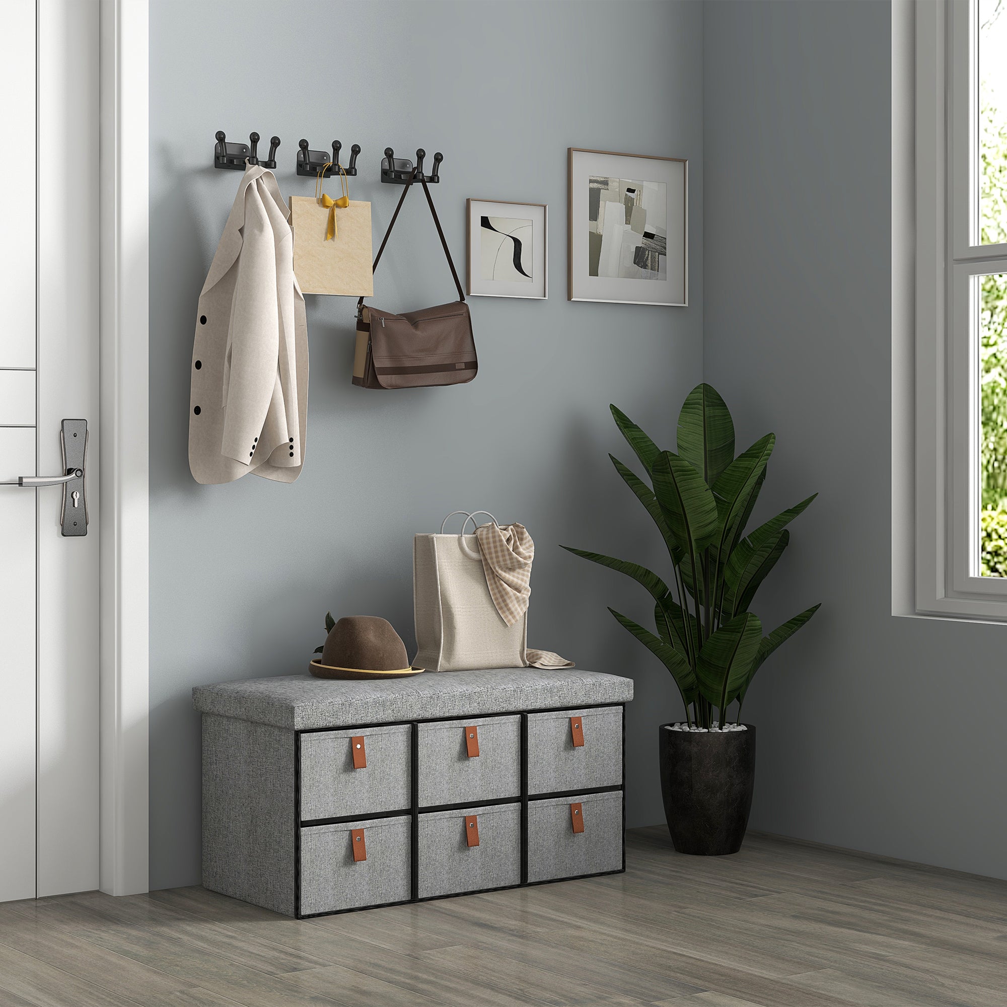 HOMCOM Shoe Bench with Seat, Shoe Storage Bench with Cushion and 6 Fabric Drawers for Entryway, Hallway, Living Room, Bedroom, Light Grey - North Peak Garden Furniture