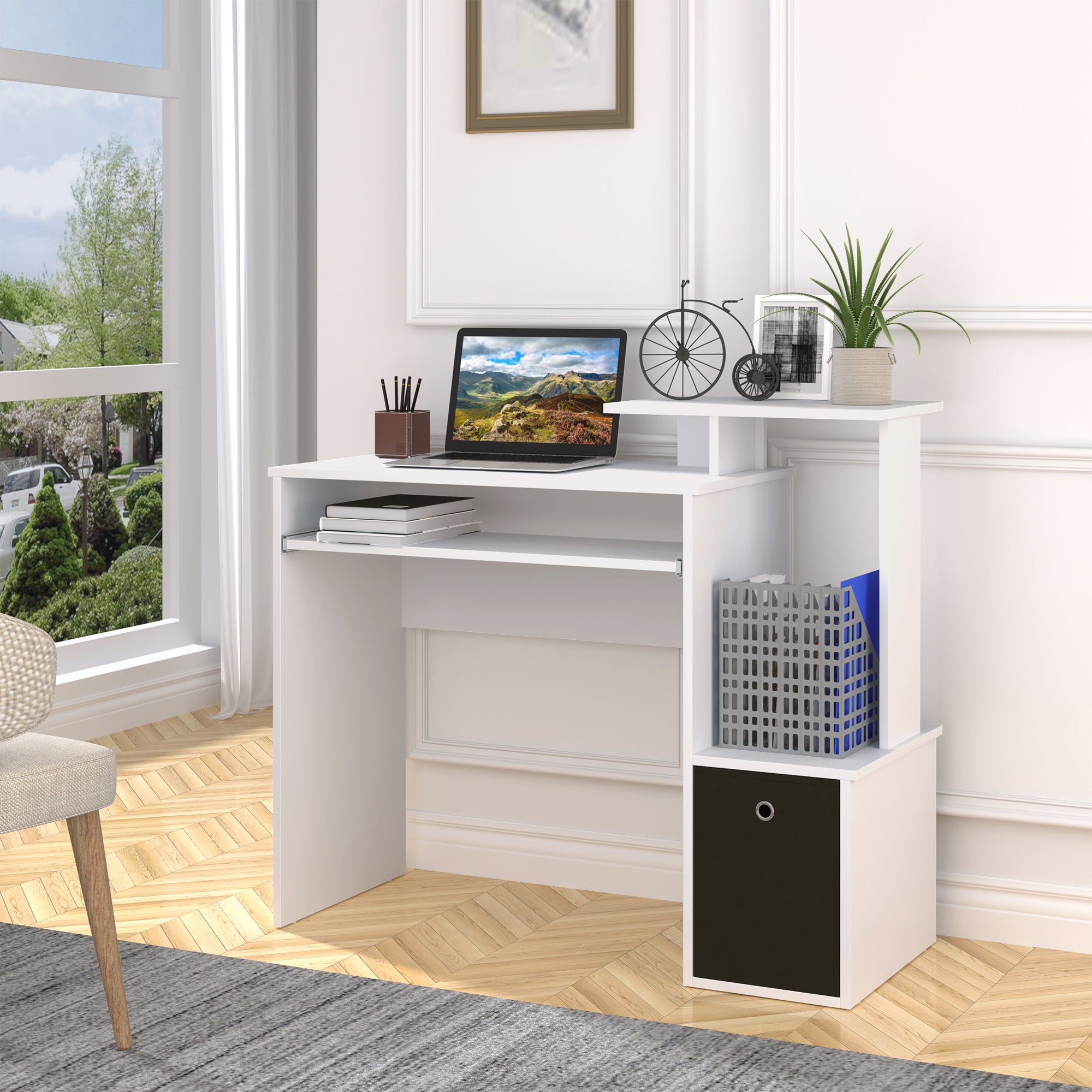 HOMCOM Computer Desk with Sliding Keyboard Tray Storage Drawer Shelf Home Office Workstation White - North Peak Garden Furniture
