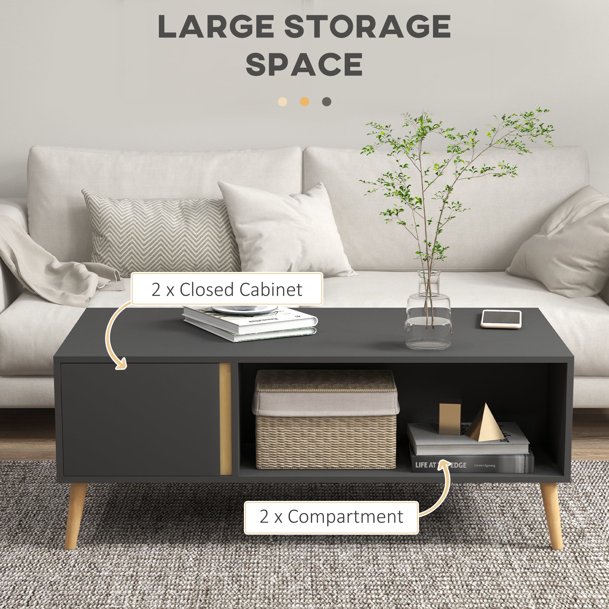 HOMCOM Coffee Table for Living Room, Modern Centre Table with Storage Compartments and Cabinets, Rectangular Side Table, 115x 58x 45cm, Grey - North Peak Garden Furniture