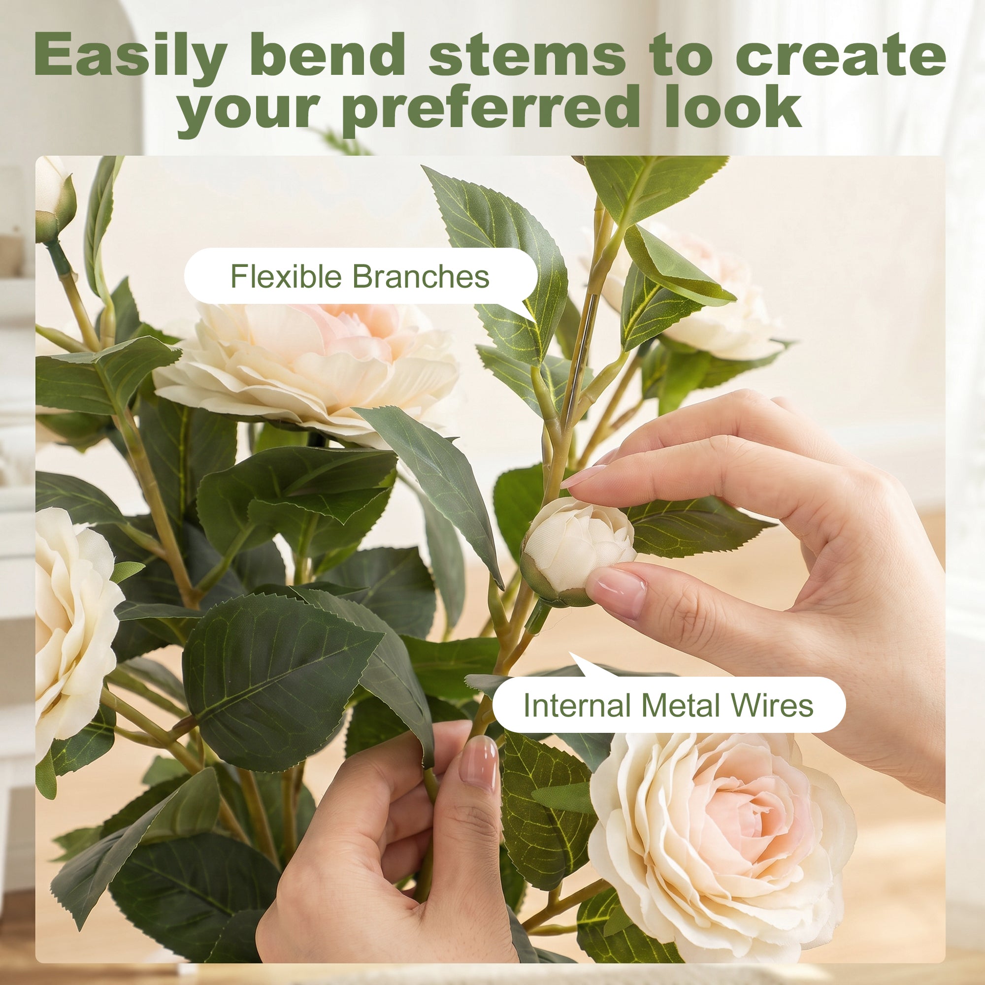HOMCOM 65cm Artificial Camellia Flower Plant in Pot with 116 Lush Leaves & Moss Effect, White
