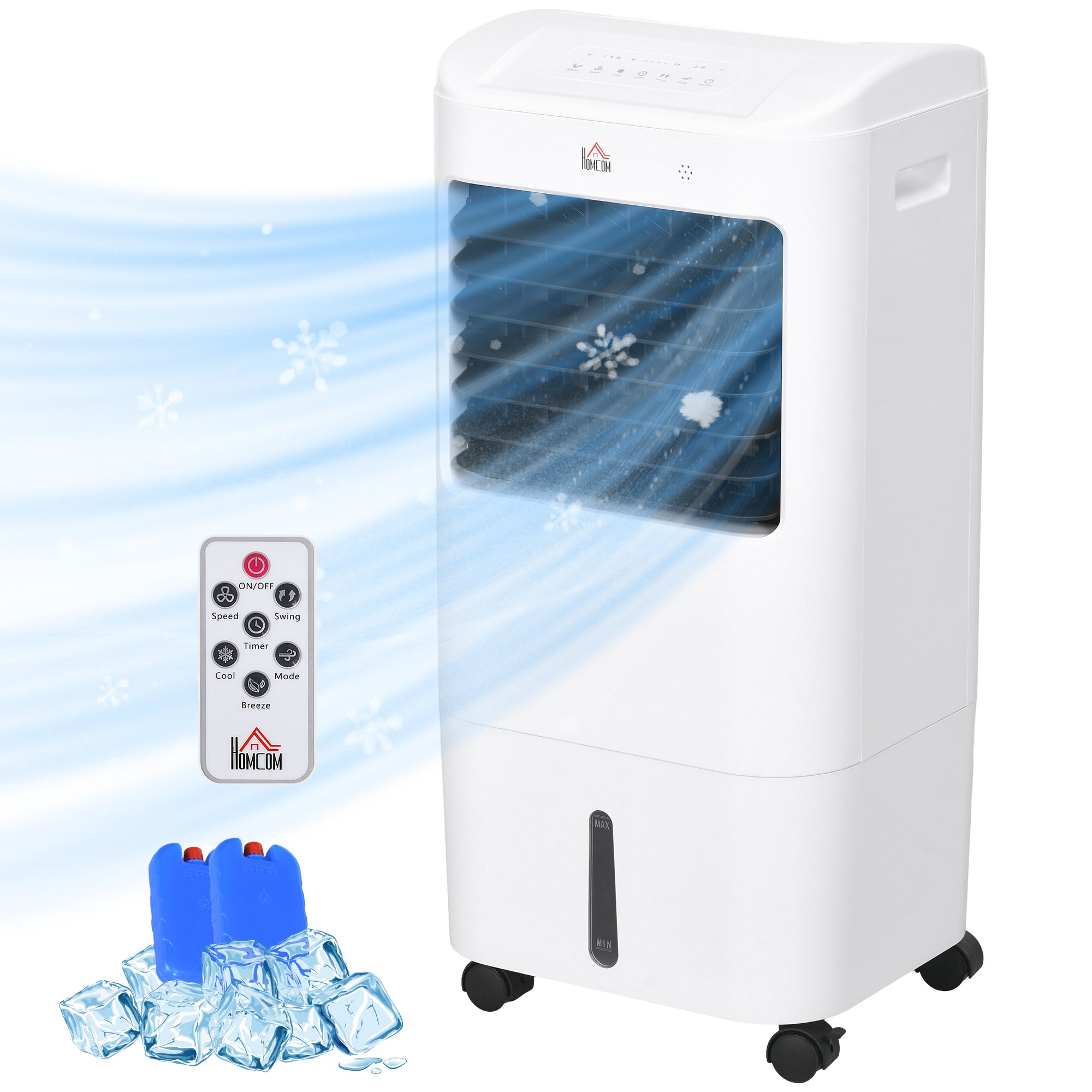 HOMCOM Portable Air Cooler with 15 Litre Water Tank, Oscillation, LED Display, Remote Control, 7.5 Hour Timer, Evaporative Air Cooler Fan with 3 Speeds, 3 Modes, Ice Packs, for Home Office