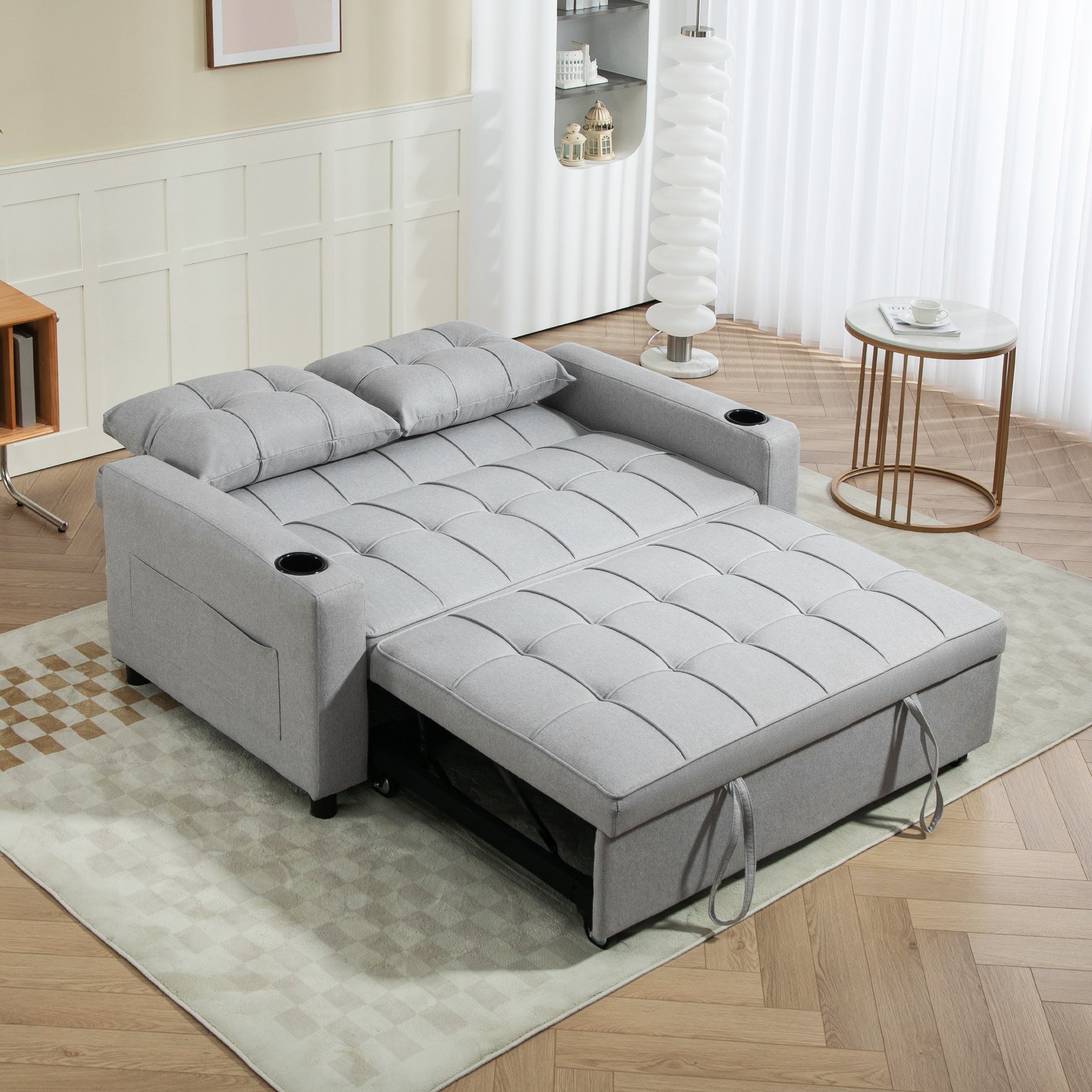 HOMCOM Two-Seater Pull-Out Sofa Bed - Light Grey - North Peak Garden Furniture