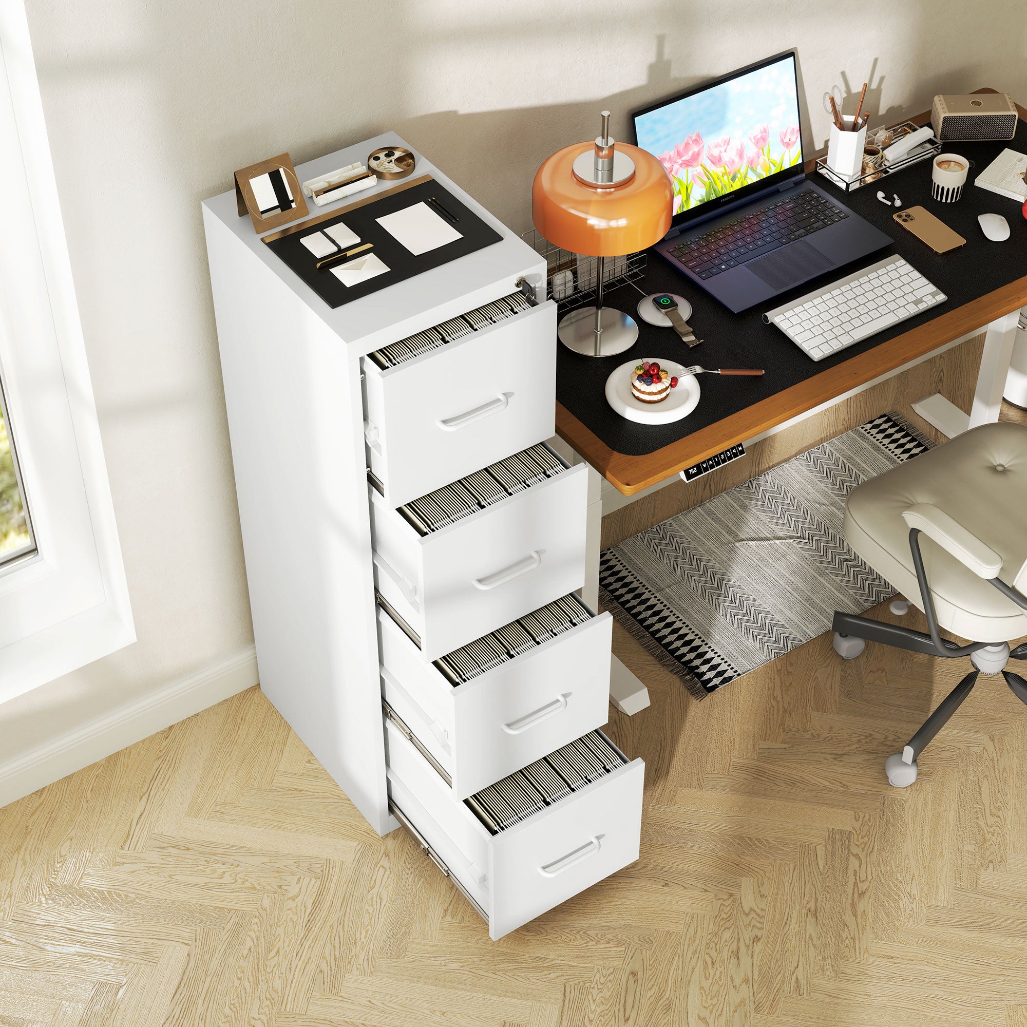 HOMCOM Four-Drawer Modern Steel Filing Cabinet - White - North Peak Garden Furniture