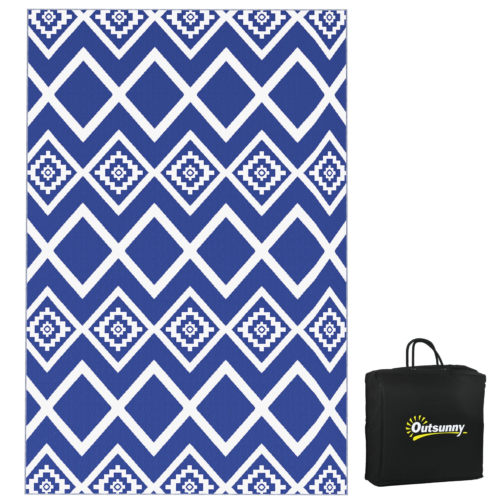 Outsunny Plastic Straw Reversible RV Outdoor Rug with Carry Bag, 182 x 274cm, Blue and White - North Peak Garden Furniture