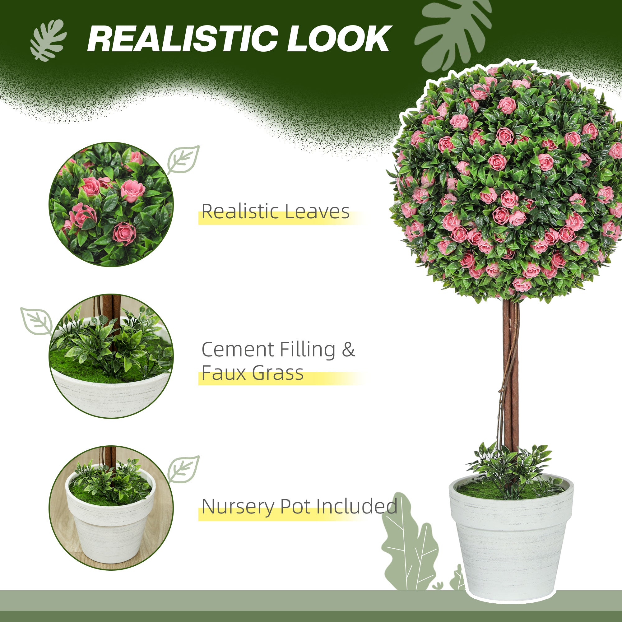 HOMCOM Set of 2 Decorative Artificial Plants, Ball Topiary Tree with Rose Flower in Pot, Fake Plants for Home Indoor Outdoor Decor, 60cm, Pink - North Peak Garden Furniture