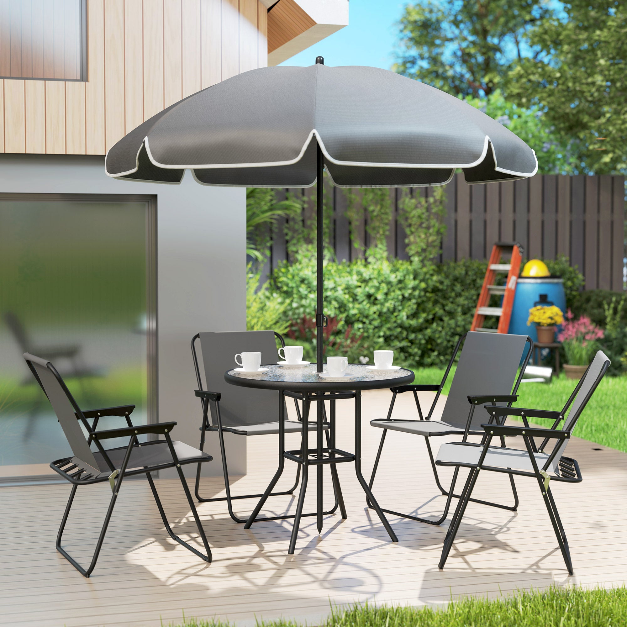 Outsunny 4 Seater Garden Furniture Set, 6 Pieces Garden Table and Chairs with Parasol, Outdoor Garden Dining Set with Folding Chairs and Round Glass Top Table for Patio, Grey - North Peak Garden Furniture