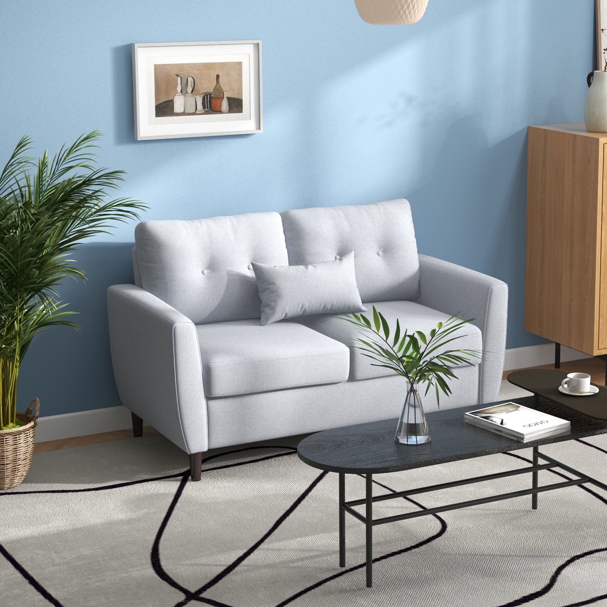 HOMCOM 2 Seater Sofa Double Sofa Loveseat Fabric Wooden Legs Tufted Design for Living Room, Dining Room, Office, Light Grey - North Peak Garden Furniture