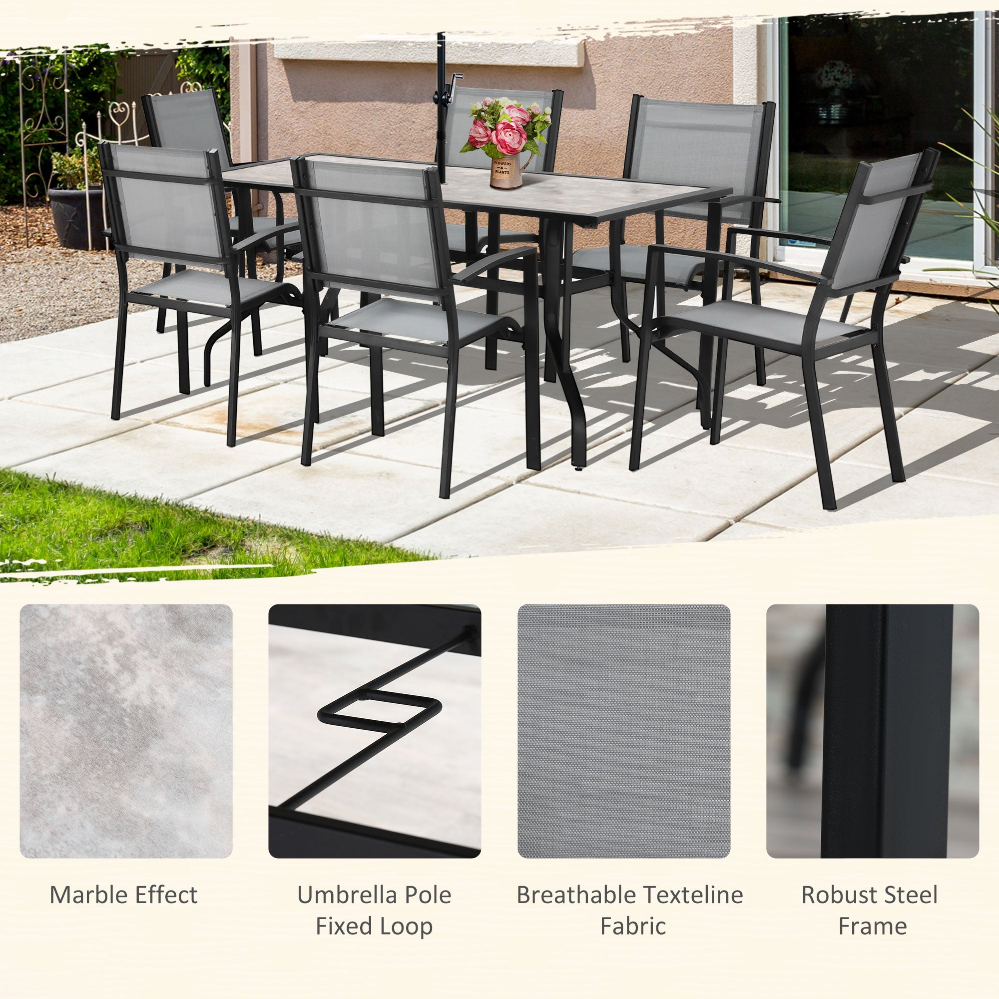 Outsunny 7 Pieces Garden Dining Set, 6 Seater Garden Table and Chairs with Parasol Hole, Outdoor Furniture Armchairs and Stone-like Plastic Top Table with Breathable Mesh Fabric Seat, Grey - North Peak Garden Furniture