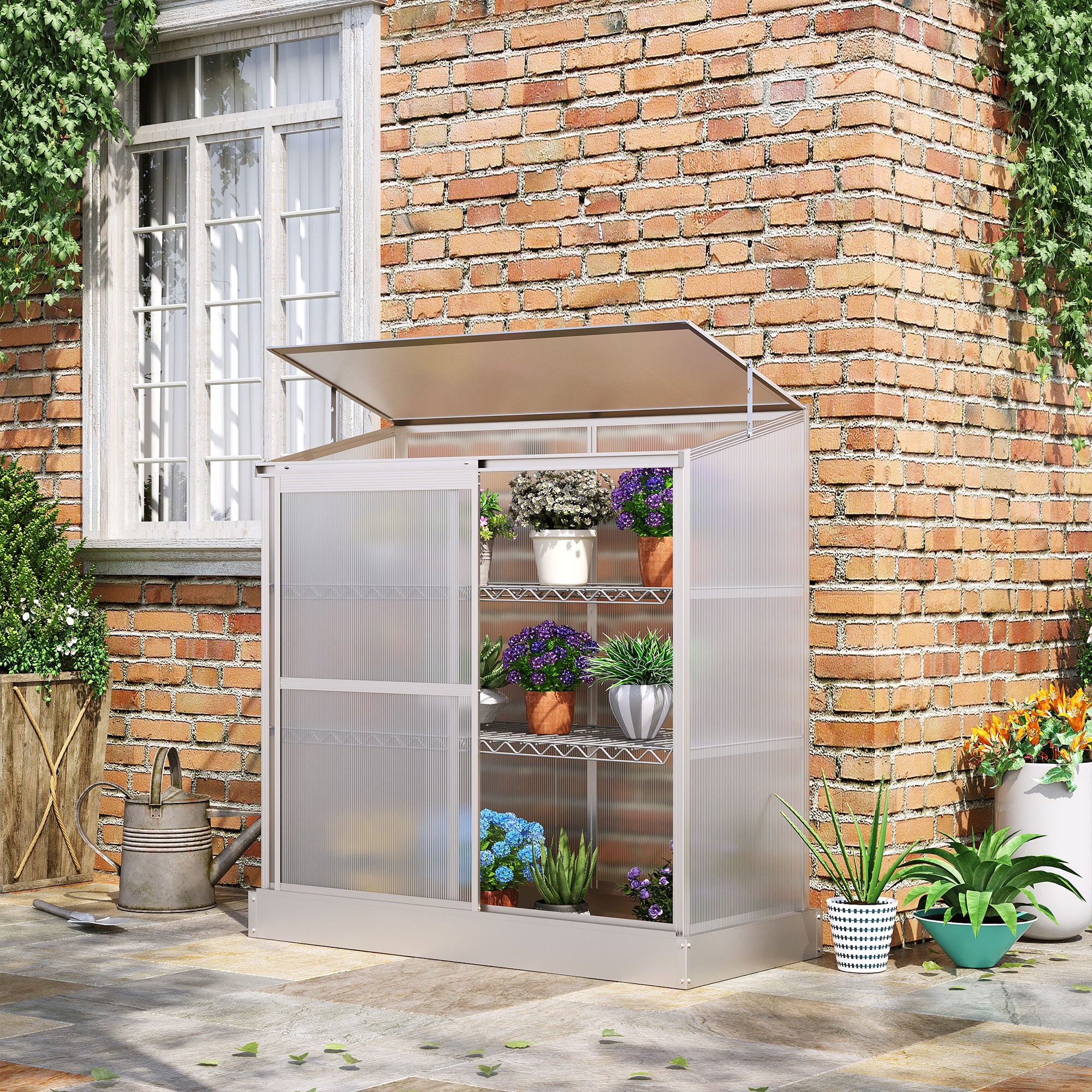 Outsunny 3-Tier Mini Greenhouse Garden Cold Frame Plant Growth House w / Polycarbonate Panels, Openable Roof, 129.5 x 58 x 140 cm, Silver