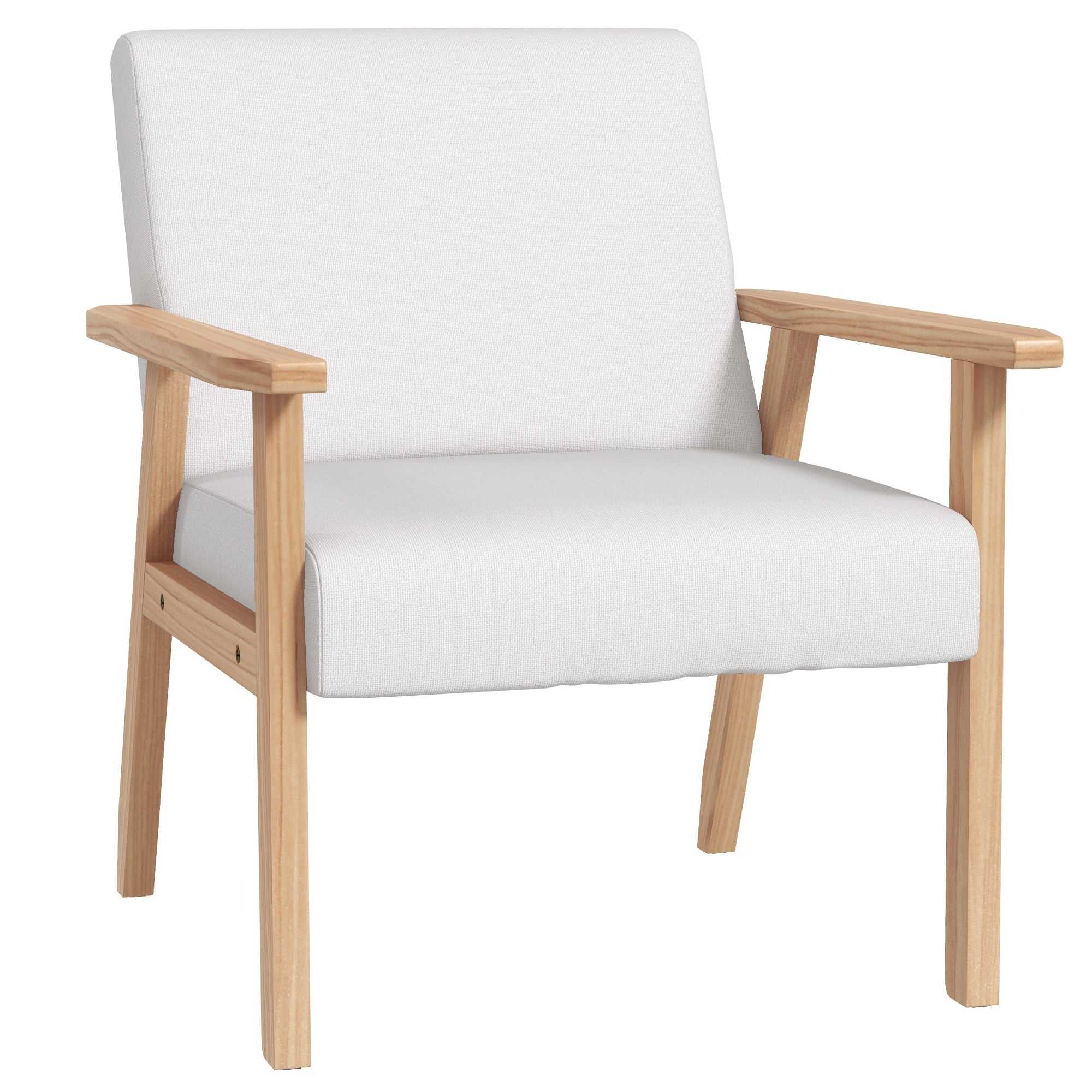 HOMCOM Accent Chair Wood Frame with Thick Linen Cushions Wide Seat Armchair Home Furniture Bedroom Office Cream White - North Peak Garden Furniture
