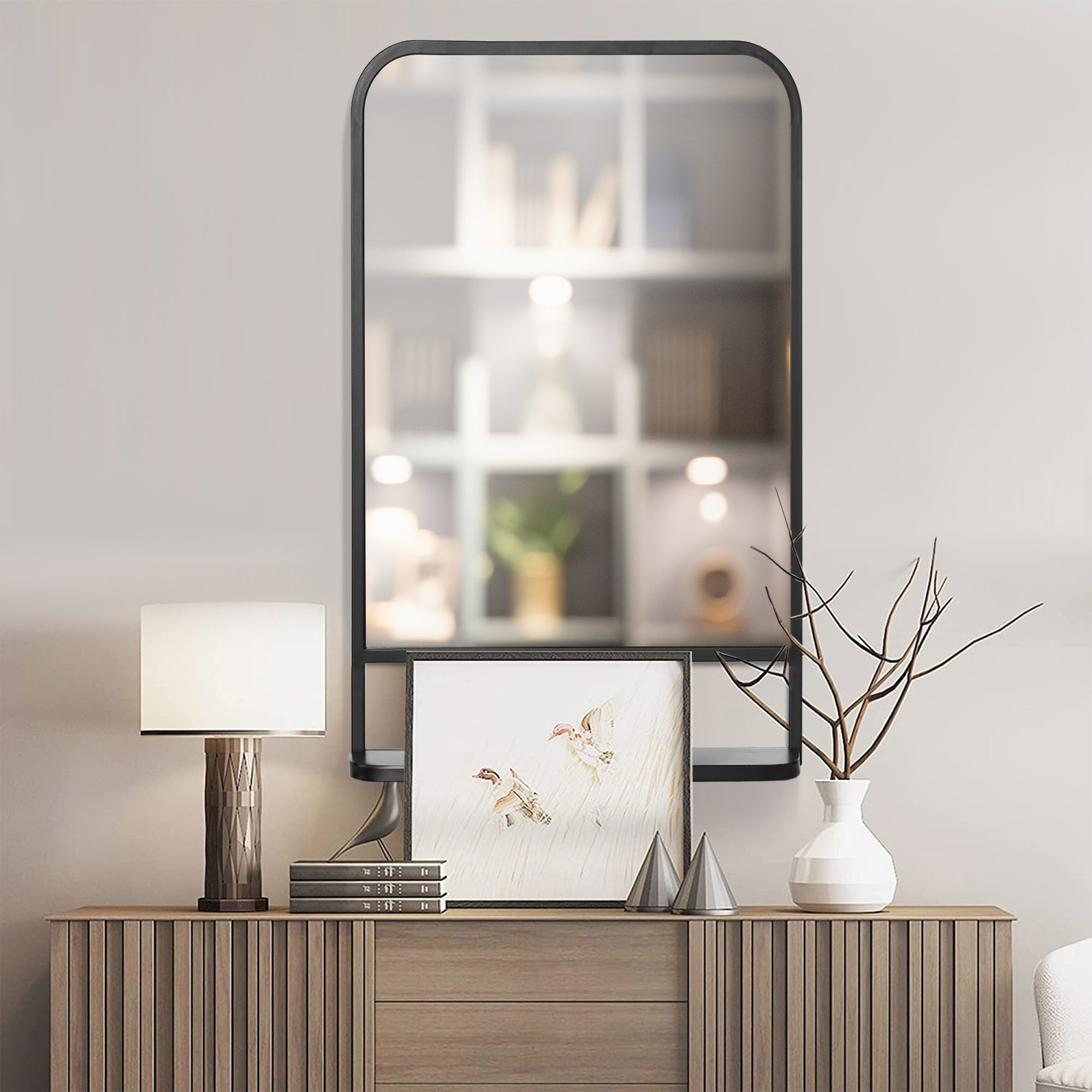 HOMCOM Modern Square Wall Mirror with Storage Shelf, 86 x 53 Mirrors for Living Room, Bedroom, Black - North Peak Garden Furniture