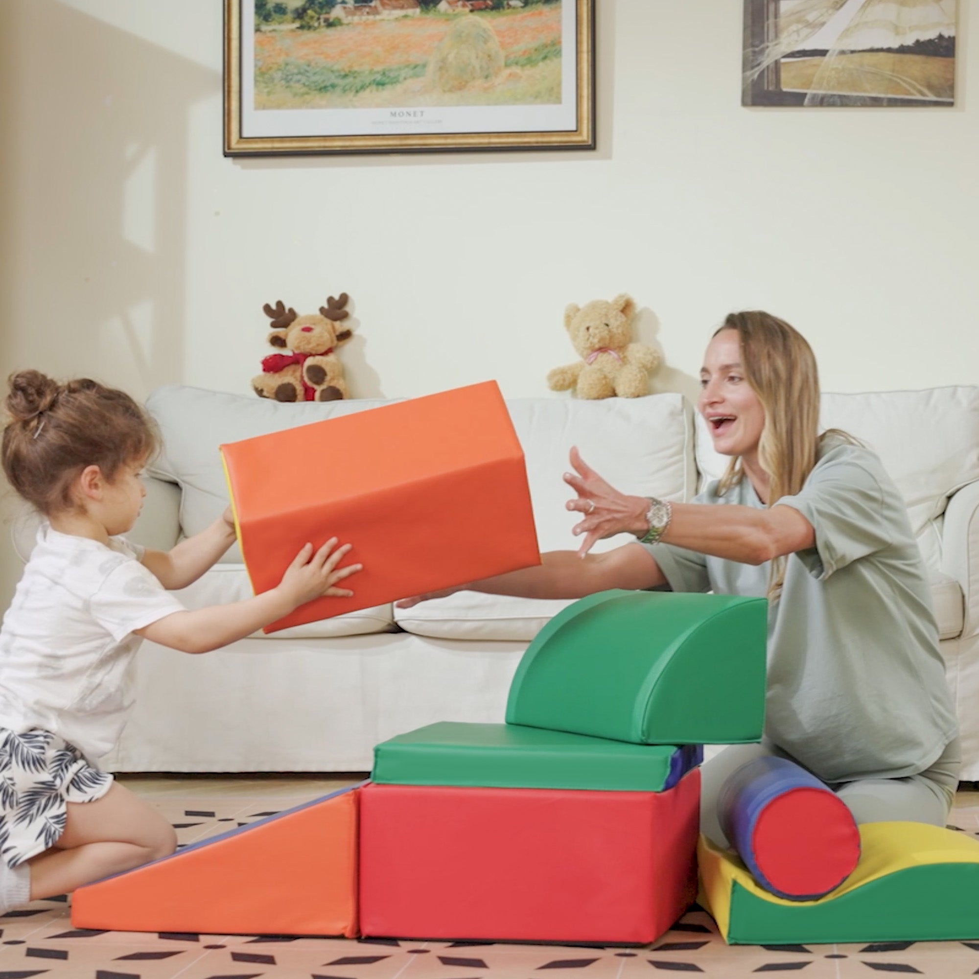 HOMCOM Soft Play Set, 7 Piece Soft Foam Blocks, Toddler Climb and Crawl Activity Play Set for 1-3 Years, Soft Play Equipment for Building and Stacking, Educational Play, Red