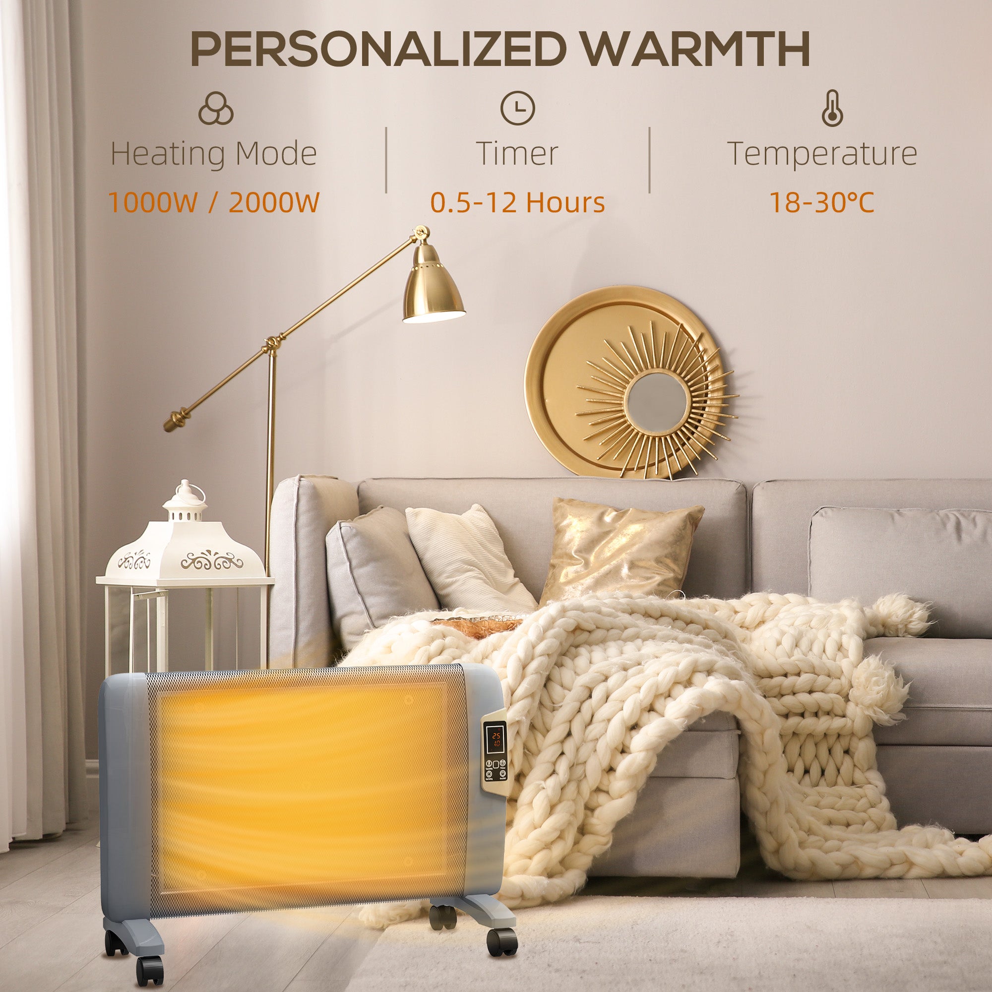 HOMCOM Mica Electric Space Heater, Portable Heater for Home with 2 Heat Settings, Living Room, Study, Garage, Adjustable Temperature 18-30°C, 1000W/2000W, Grey - North Peak Garden Furniture