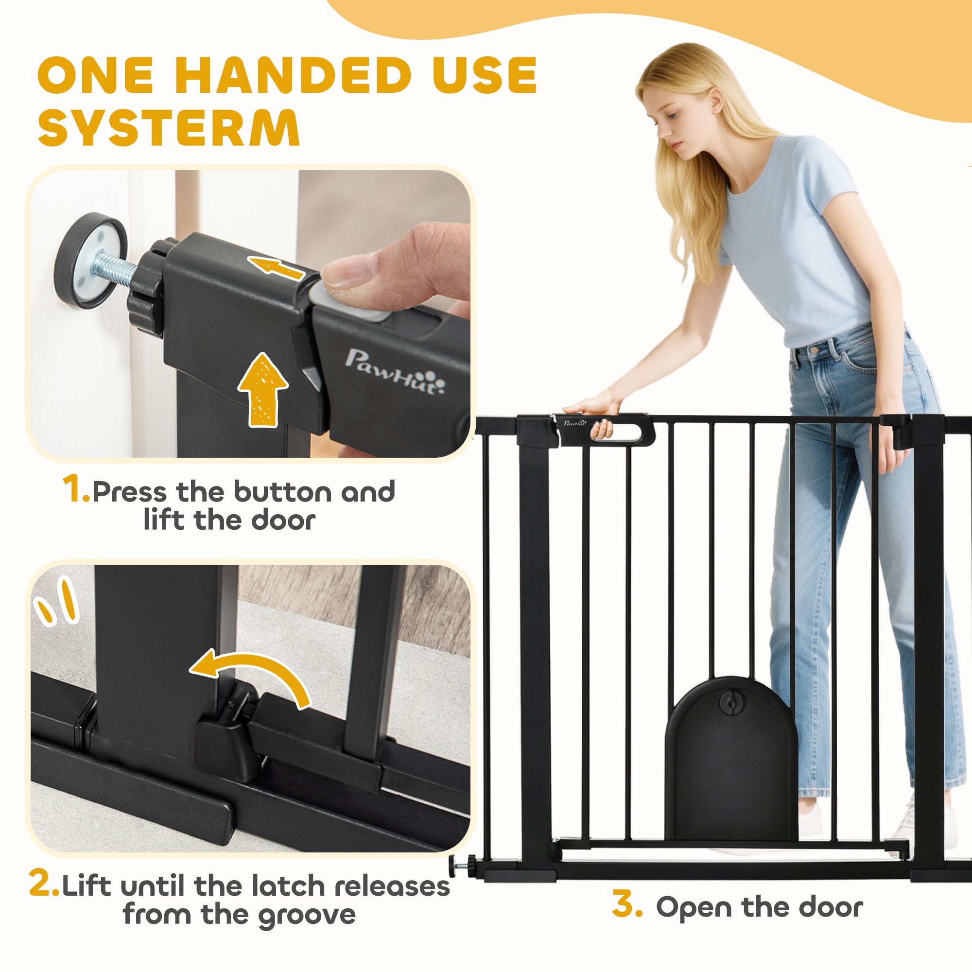 PawHut Dog Gate with Cat Flap Pet Safety Gate Barrier, Stair Pressure Fit, Auto Close, Double Locking, for Doorways, Hallways, 75-103 cm Black - North Peak Garden Furniture